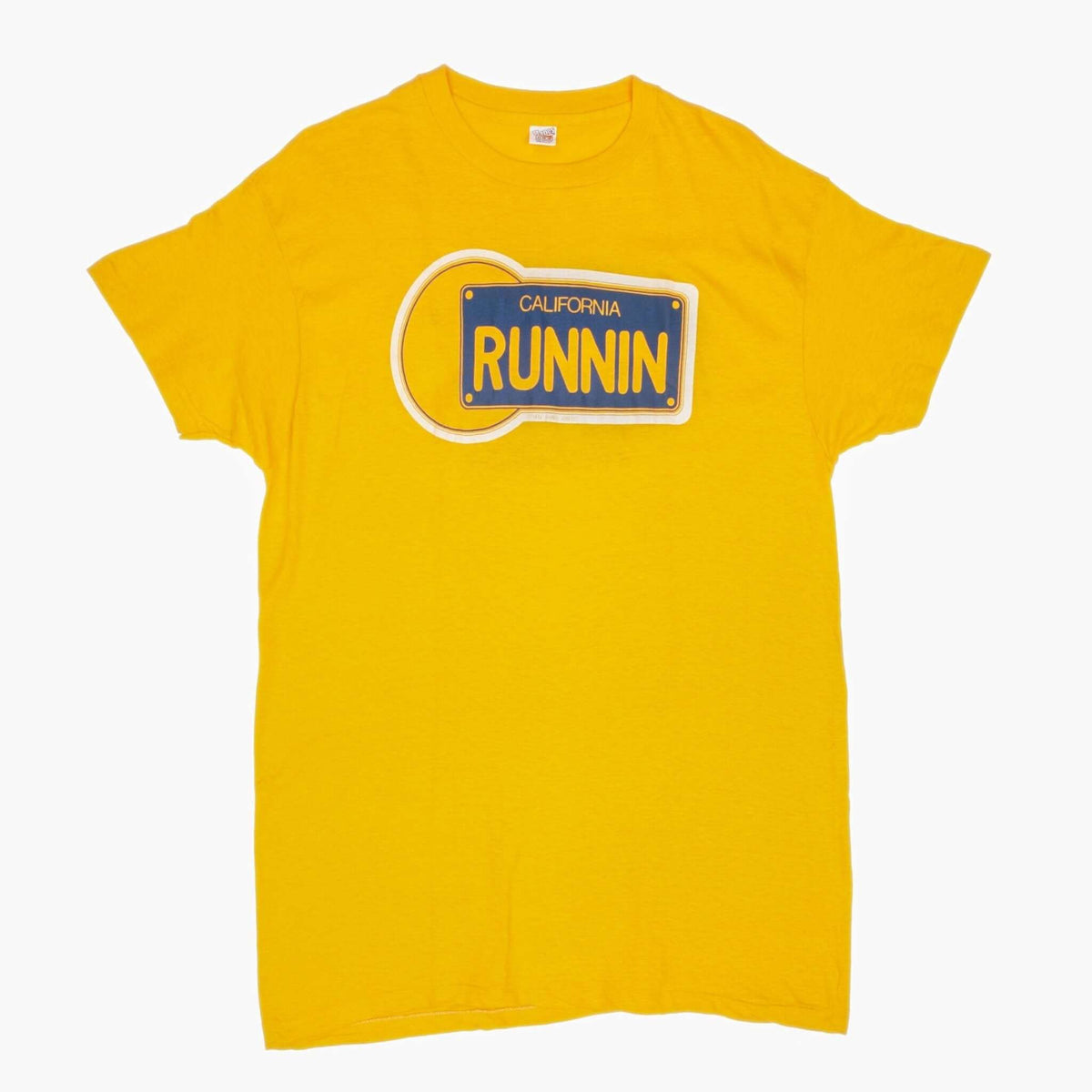 Full front view of yellow Hanes T-shirt with California Runnin graphic