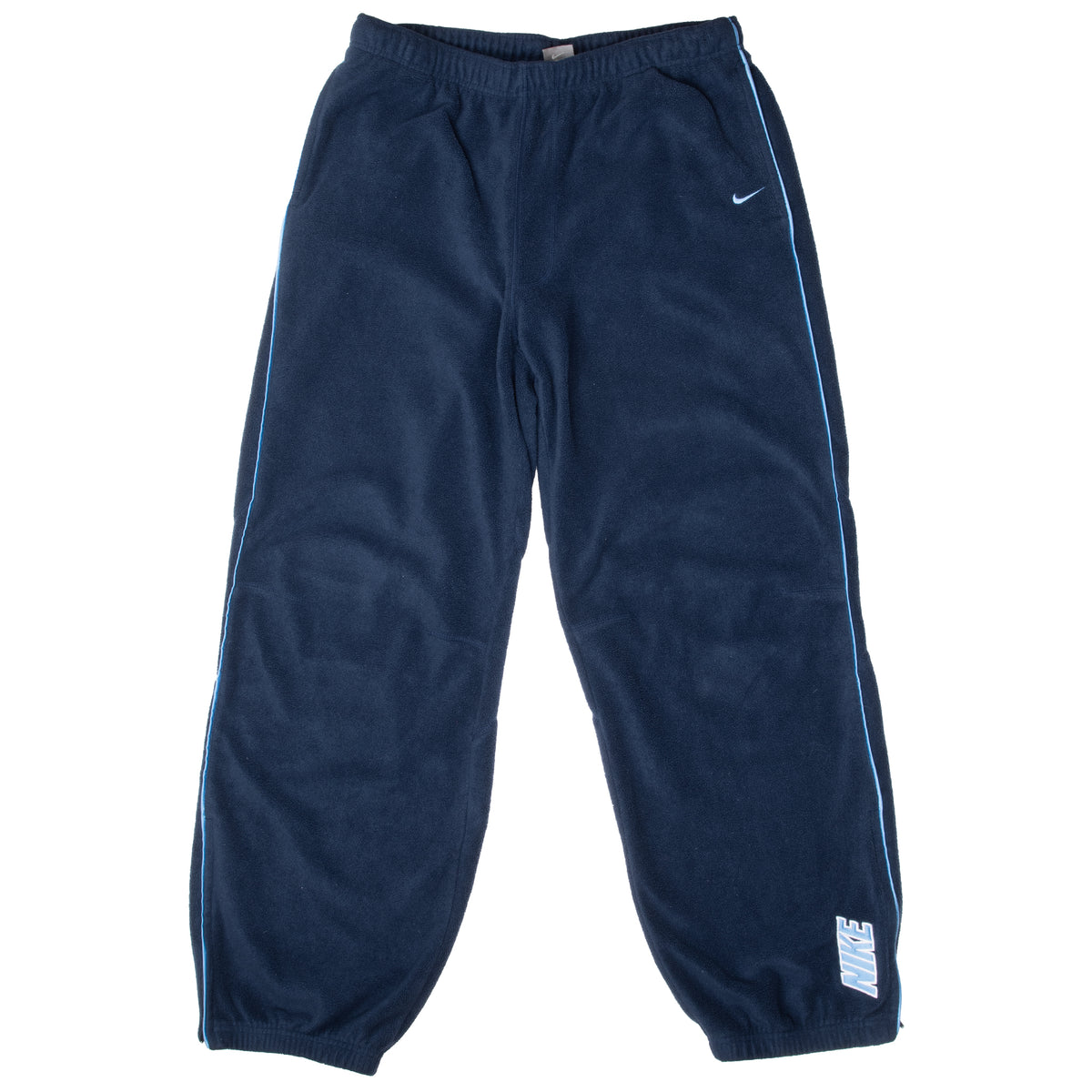 Front of Nike navy blue fleece sweatpants with Swoosh and lower-leg logo