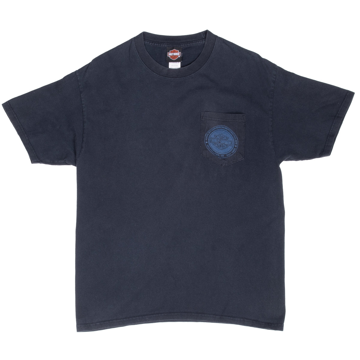 Front of black Harley-Davidson T-shirt with chest pocket and blue circular logo