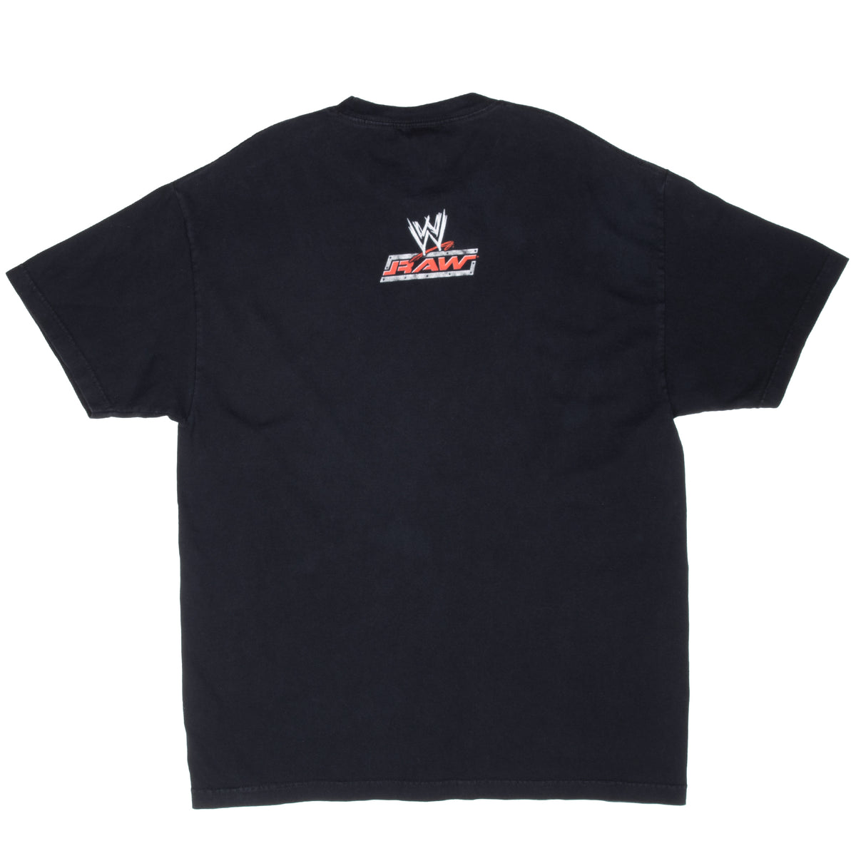 Back of black WWE Raw T-shirt with small red, white and silver logo
