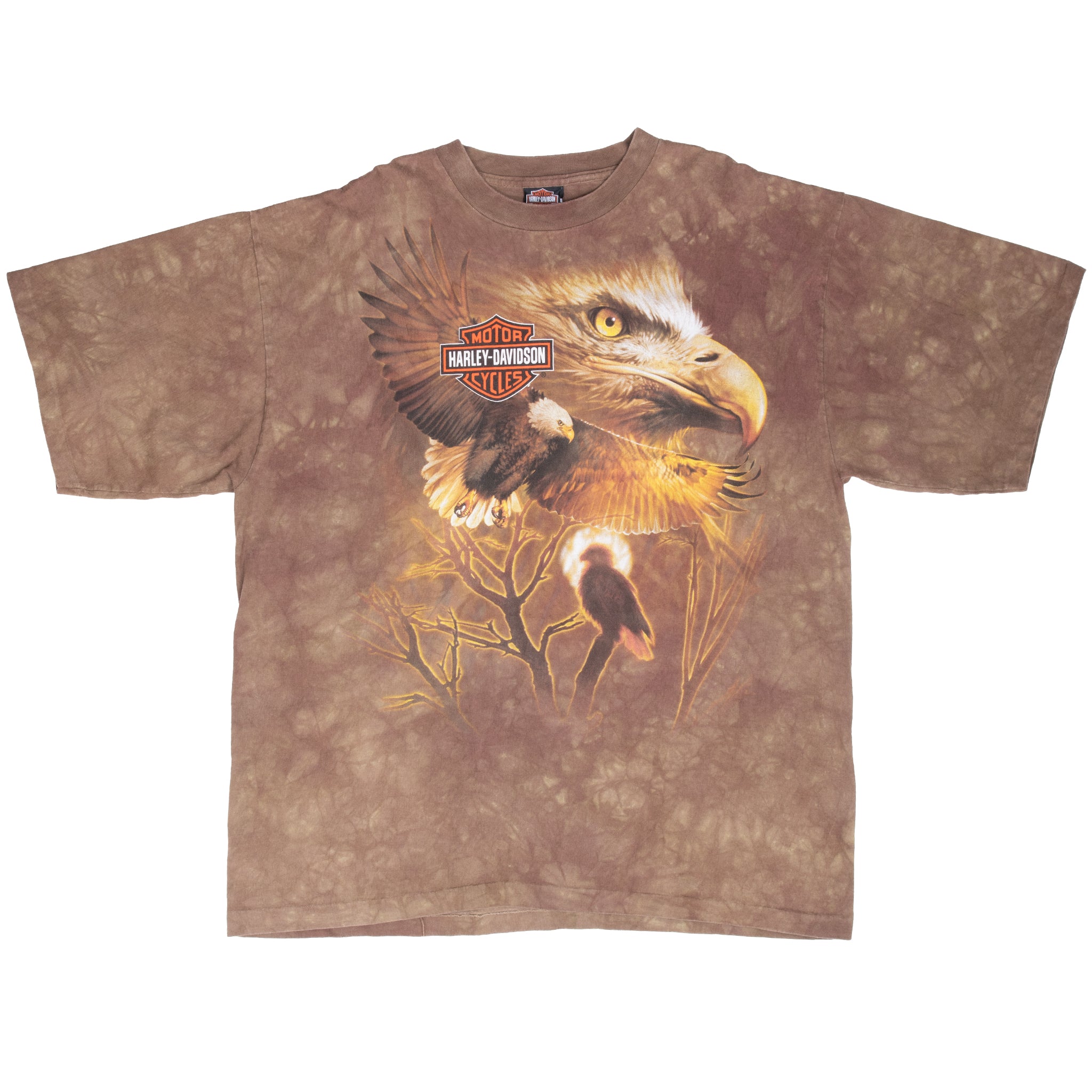 Full front view of brown Harley-Davidson T-shirt with bald eagle print