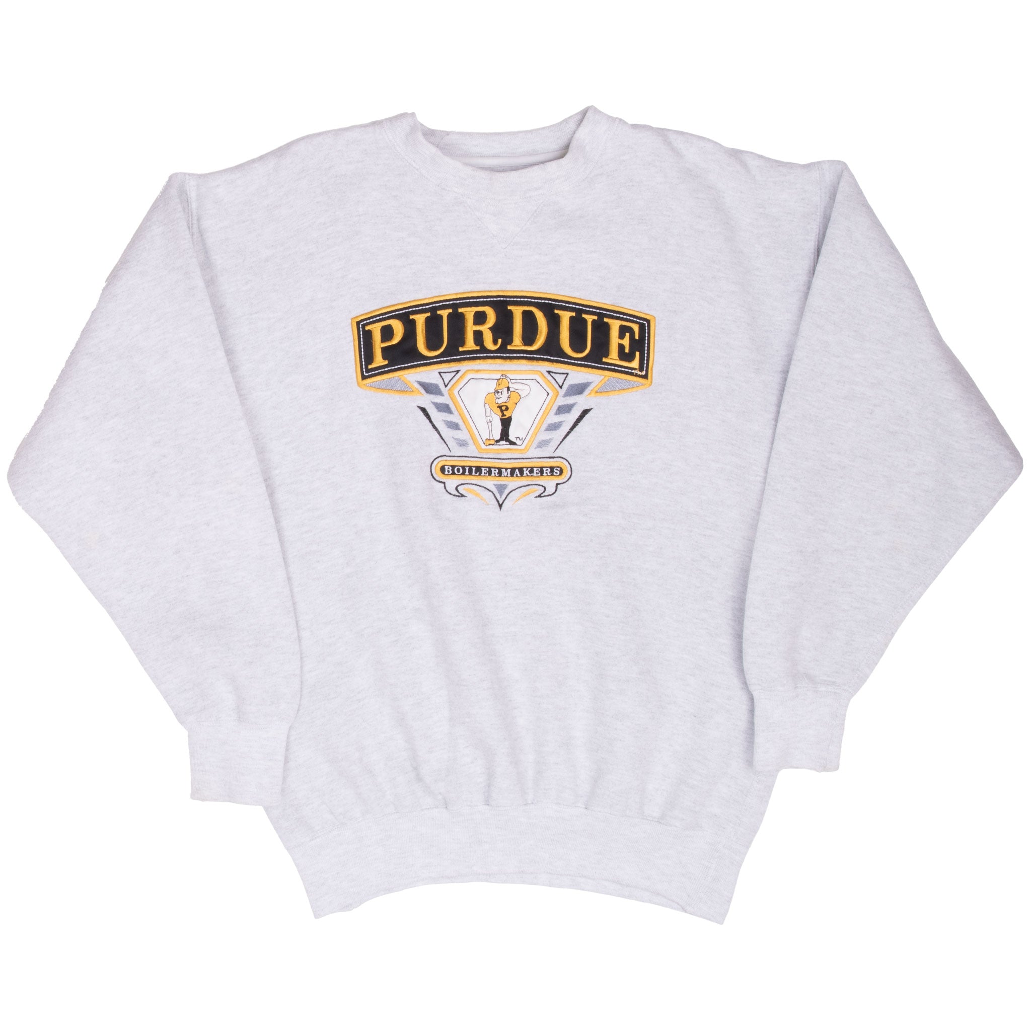 Full front view of gray Purdue Boilermakers embroidered sweatshirt