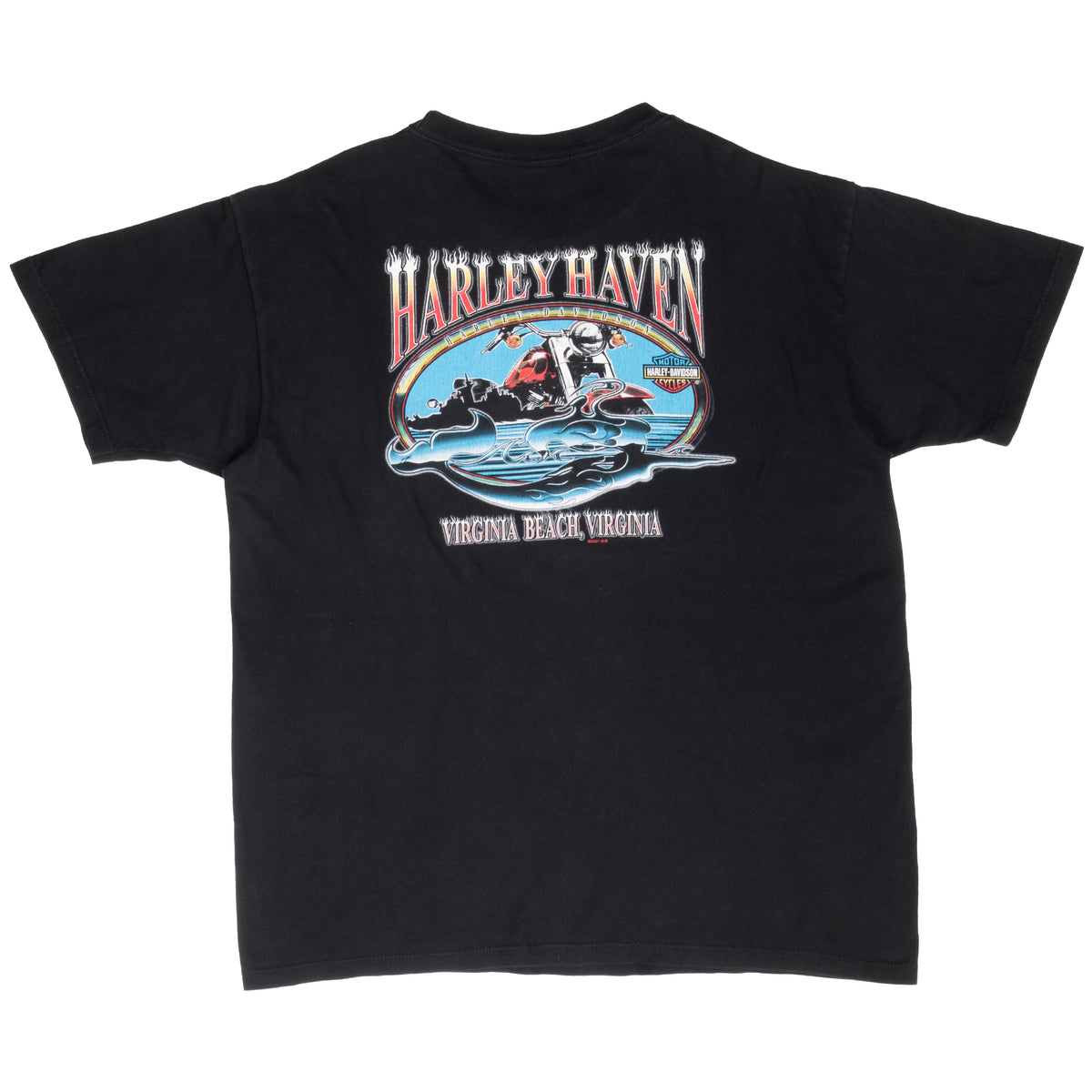 Back of black Harley-Davidson T-shirt with motorcycle and Virginia Beach graphic