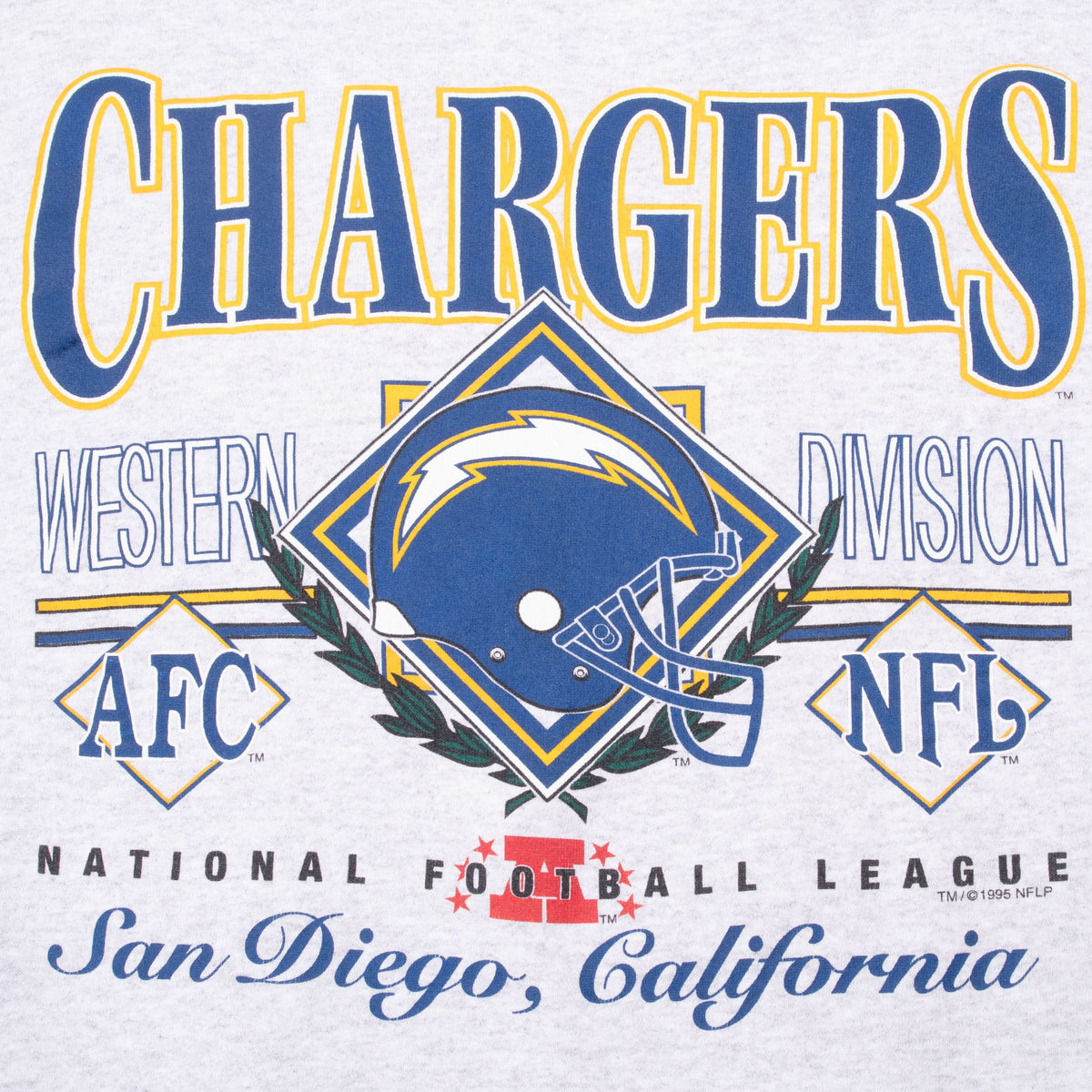 Close-up of Chargers helmet graphic with AFC, NFL and San Diego, California lettering