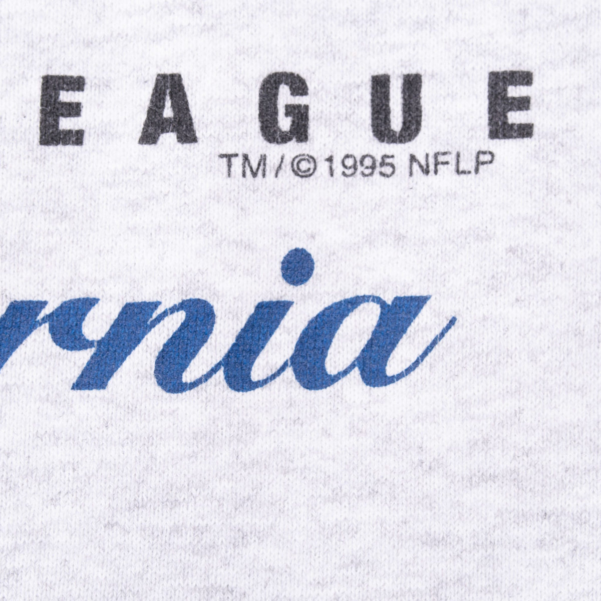 Close-up of front print showing 1995 NFLP copyright text and blue script