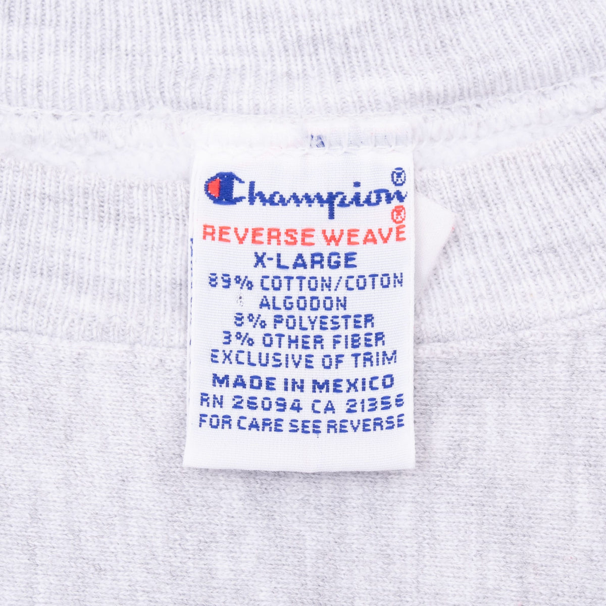 Champion Reverse Weave XL neck tag on grey sweatshirt