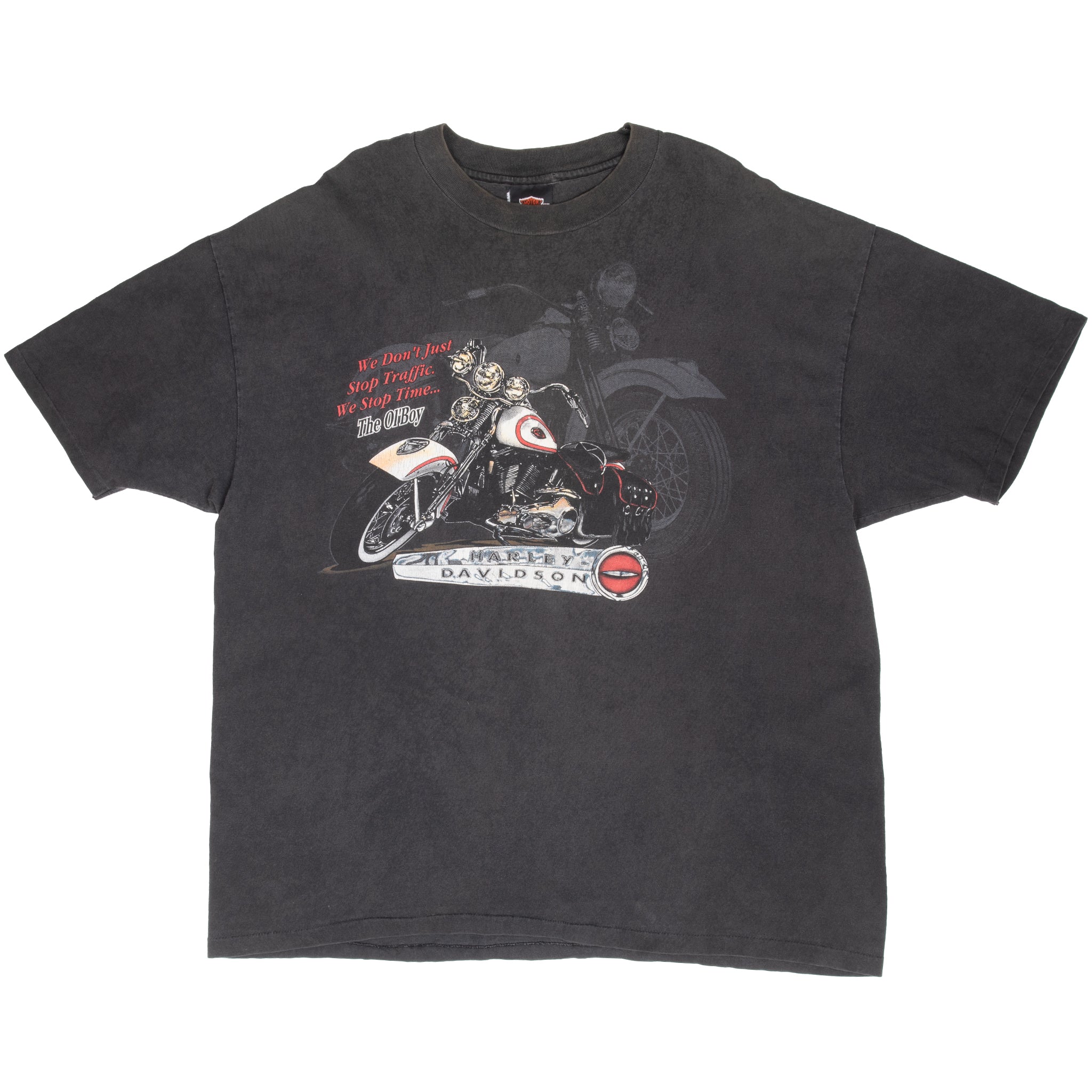 Front of faded black Harley-Davidson T-shirt with motorcycle graphic