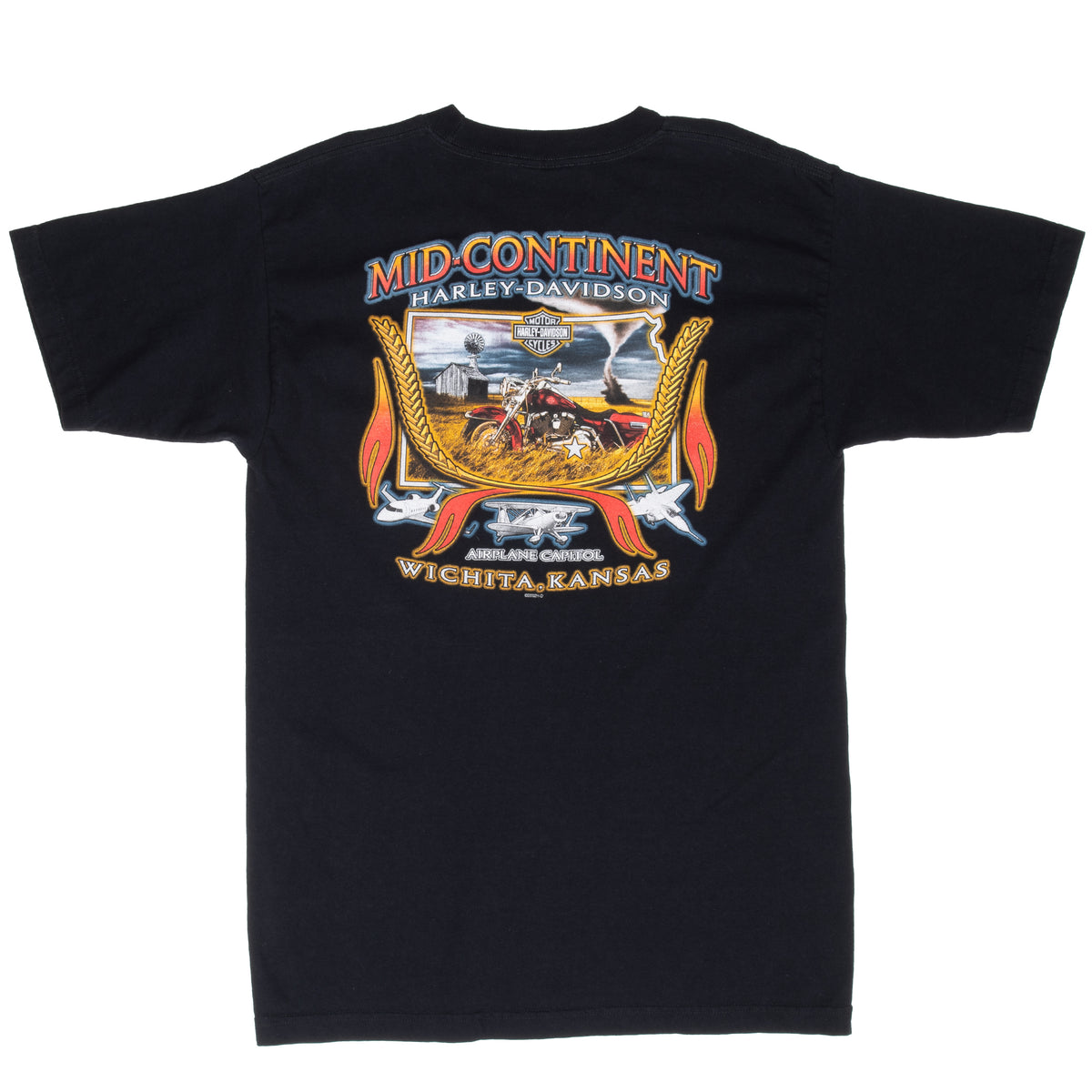 Back of black Mid-Continent Harley-Davidson Wichita, Kansas T-shirt
