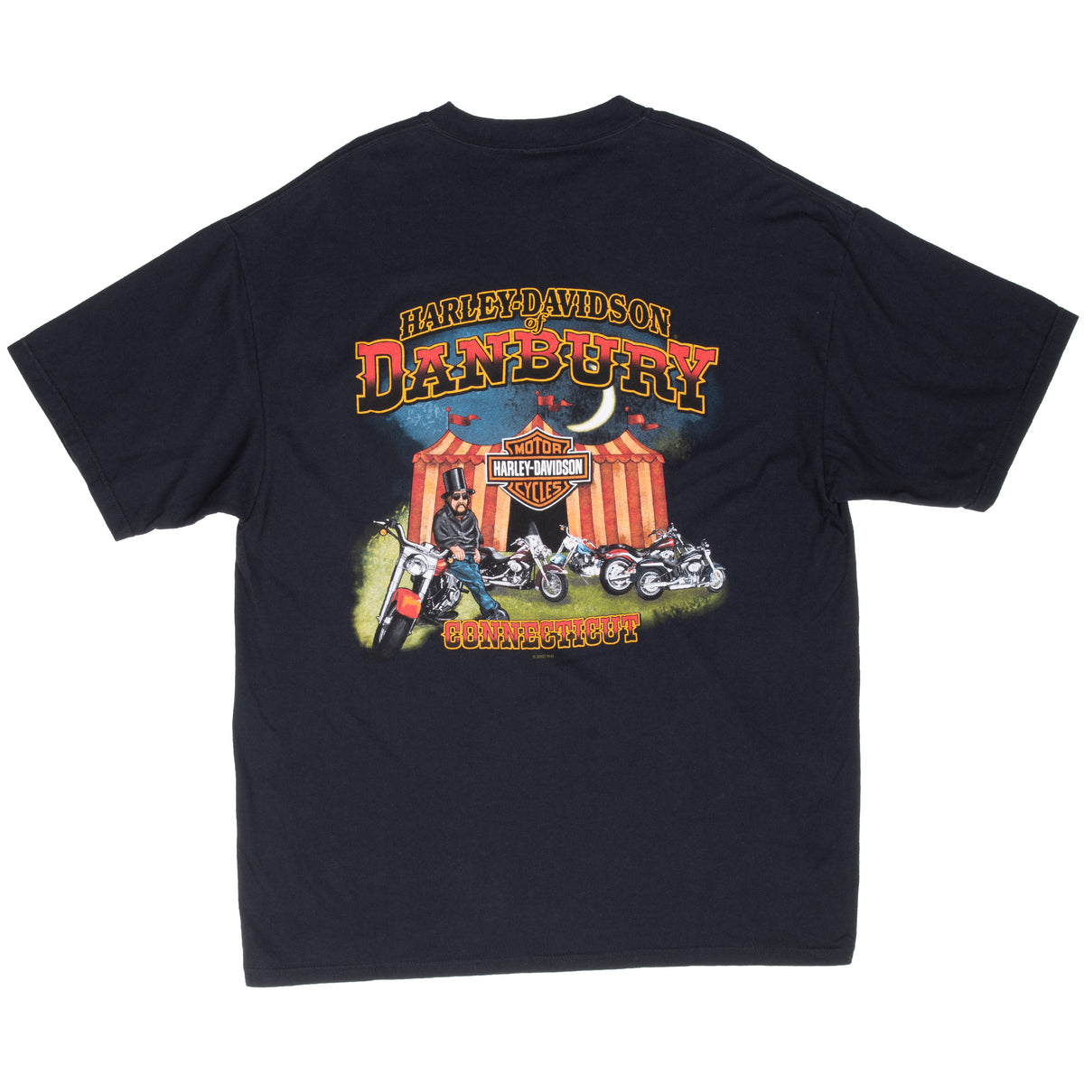 Back of black Harley-Davidson Danbury Connecticut T-shirt with motorcycle graphic