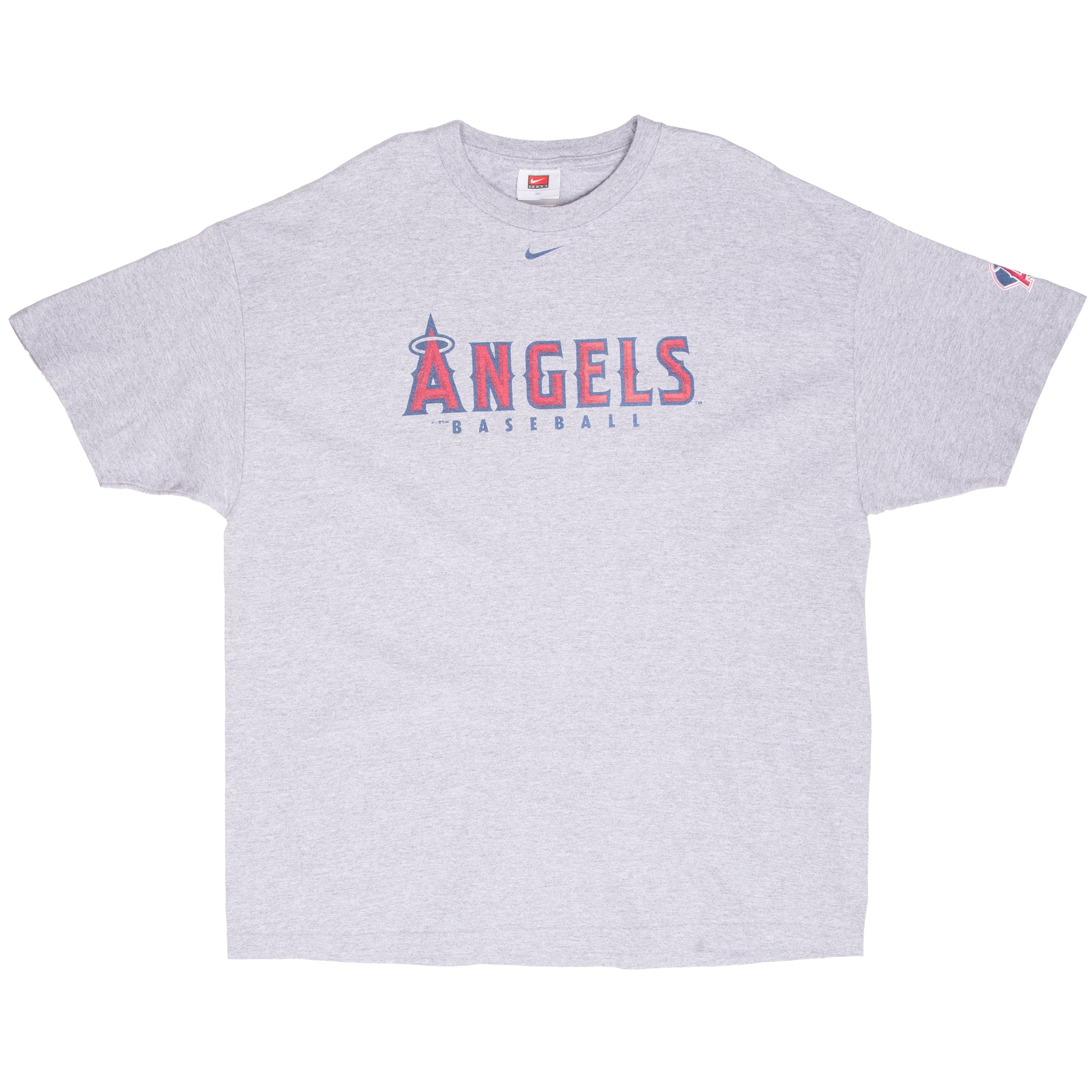 Front of gray Nike California Angels T-shirt with red and blue Angels Baseball graphic