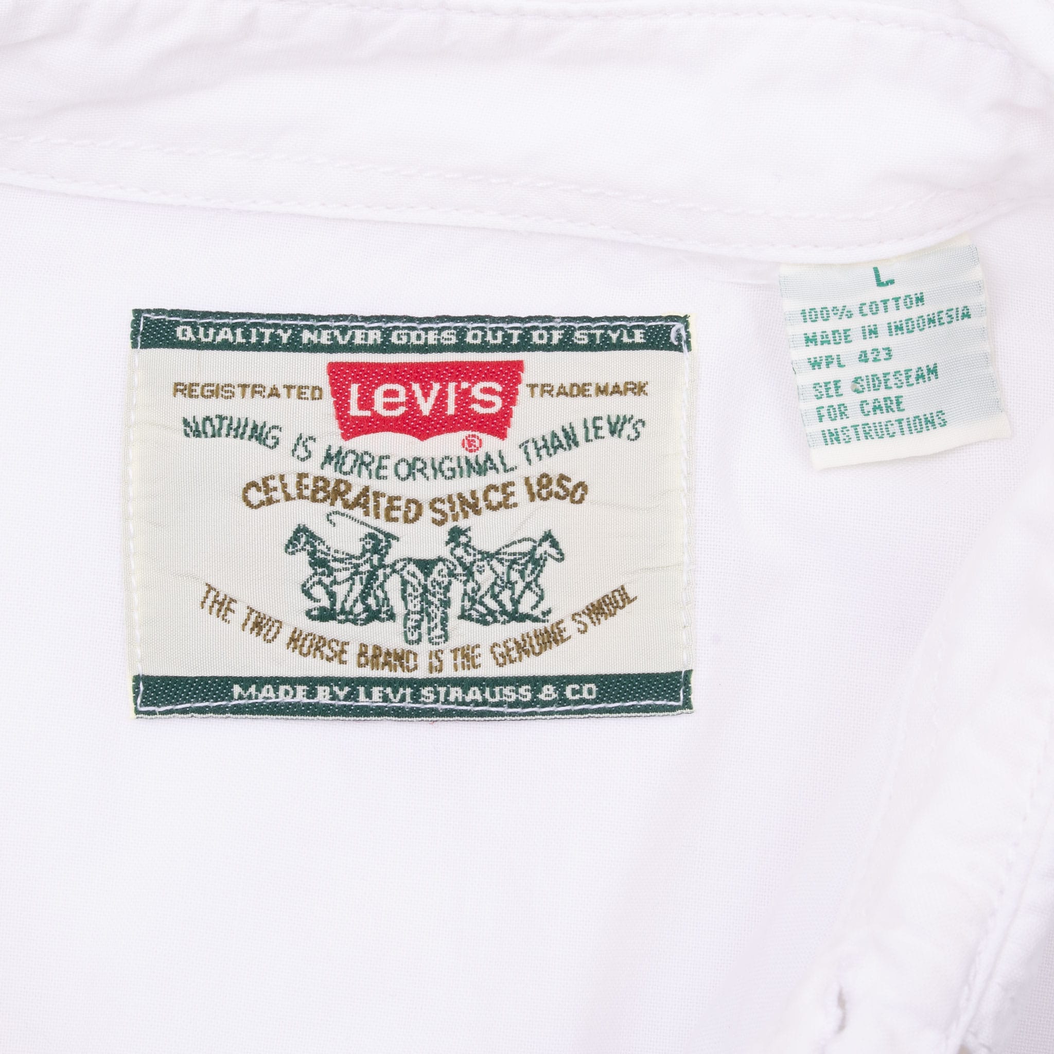 Levi's collar label and size Large care tag inside white shirt