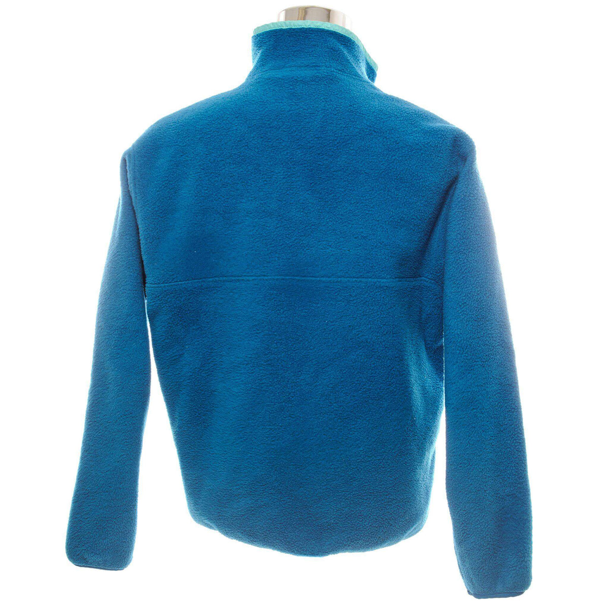 Back of blue Patagonia Snap-T fleece pullover with high collar and long sleeves