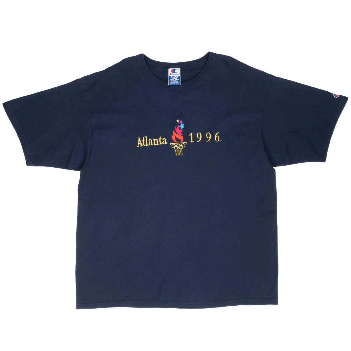 Full front of navy Champion tee with embroidered Atlanta 1996 Olympics logo