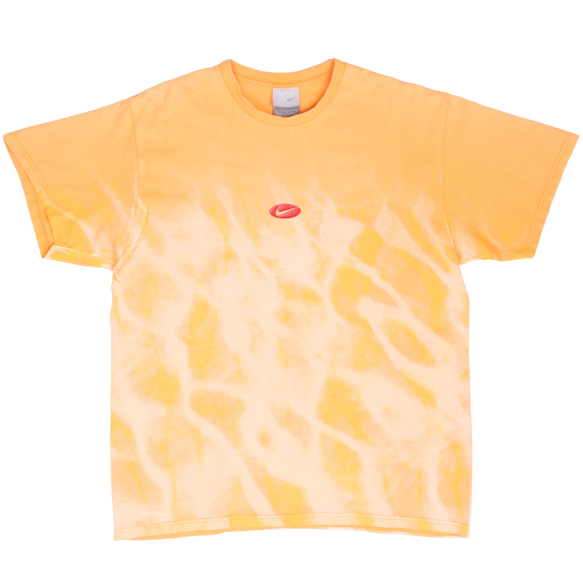 Front of orange tie-dye Nike T-shirt with red center Swoosh embroidery