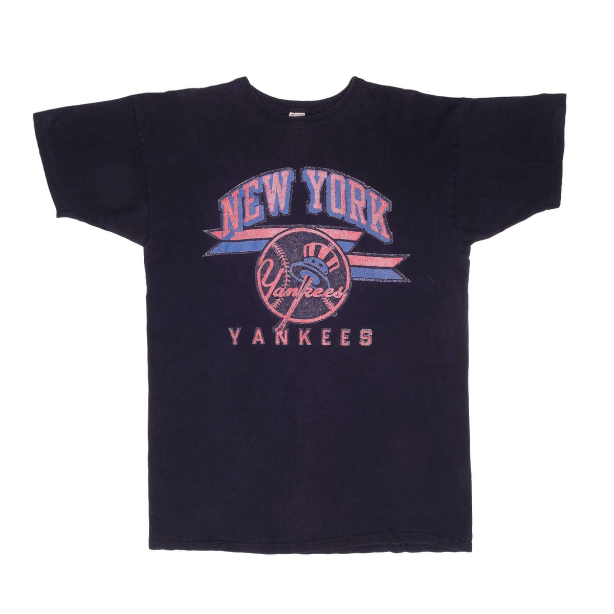 Front of black Champion New York Yankees T-shirt with distressed red and blue graphic