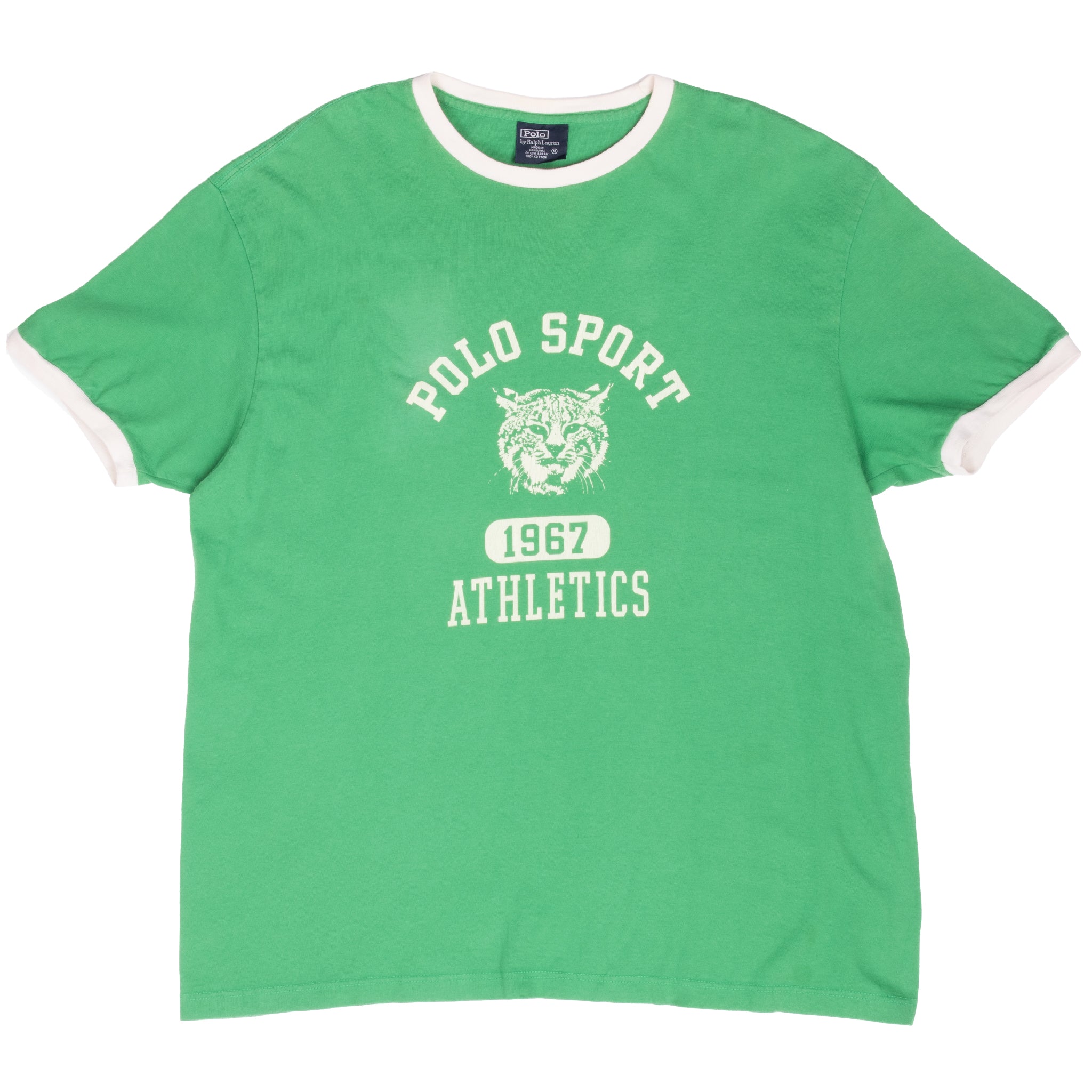 Full front of green Polo Sport ringer T-shirt with white Athletics tiger print