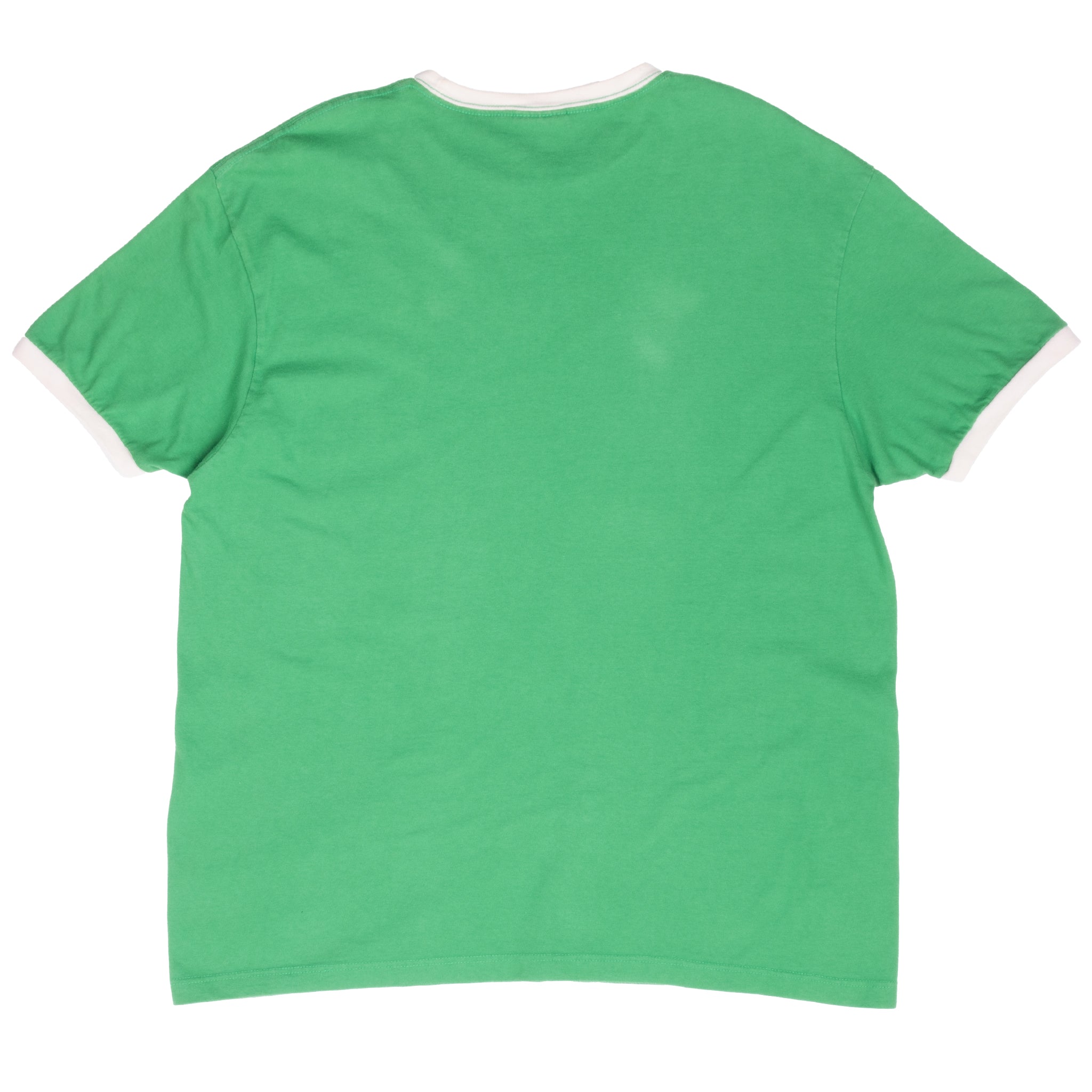 Back of green Polo Sport ringer T-shirt with white collar and sleeve trim