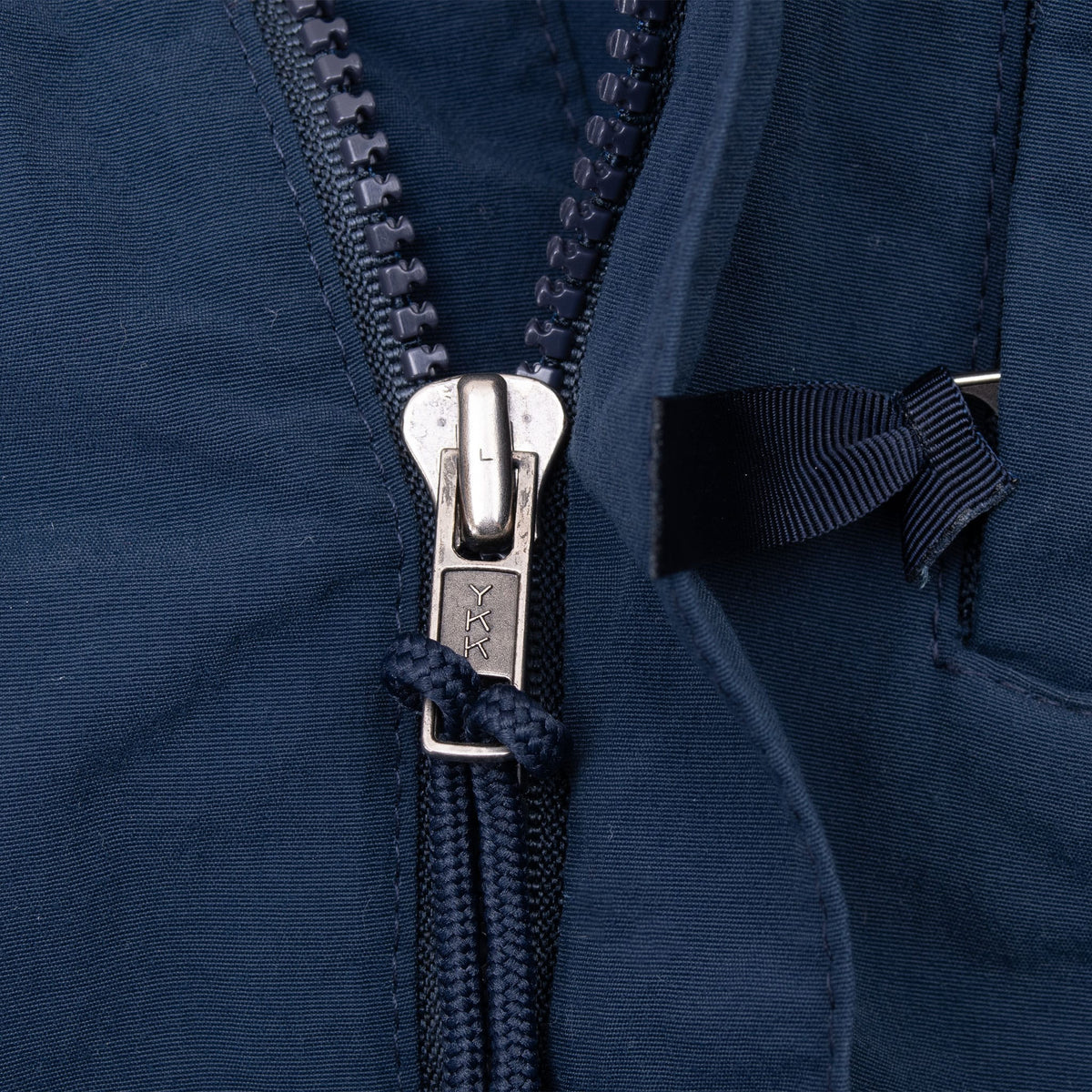 Close-up of YKK front zipper and placket on blue Patagonia windbreaker