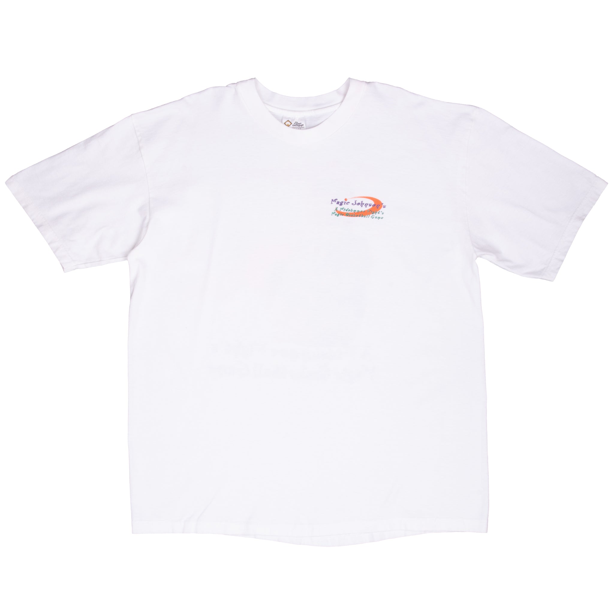Front of white Magic Johnson T-shirt with small A Midsummer Night's Magic chest logo