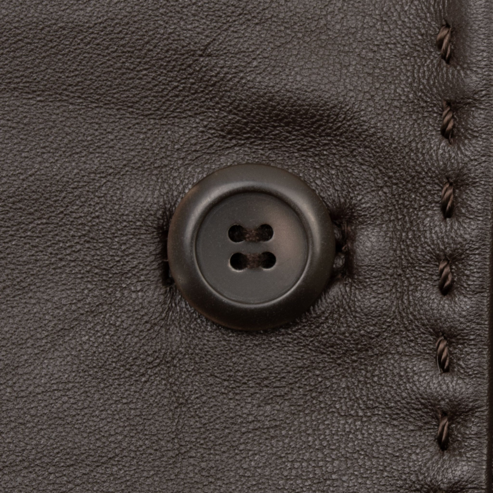 Close-up of brown four-hole button and whipstitch-style edge detail