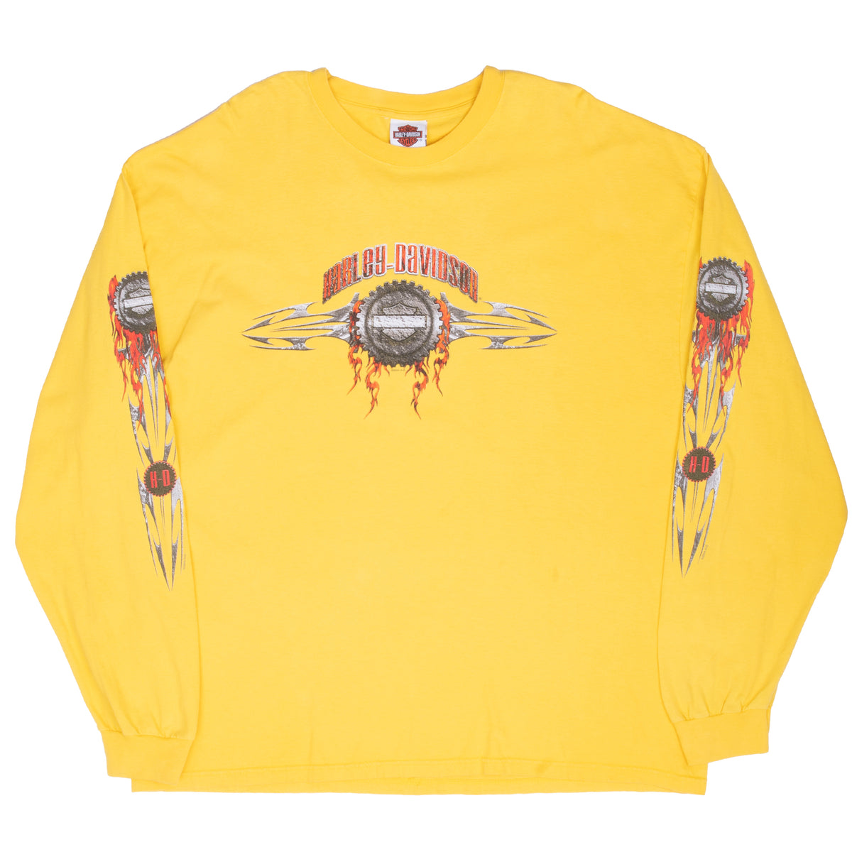 Full front view of yellow Harley-Davidson long-sleeve T-shirt with flaming gear graphics