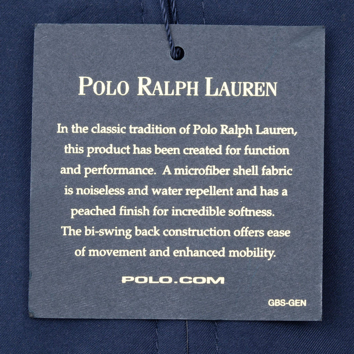 Polo Ralph Lauren hangtag describing the jacket shell fabric and bi-swing back