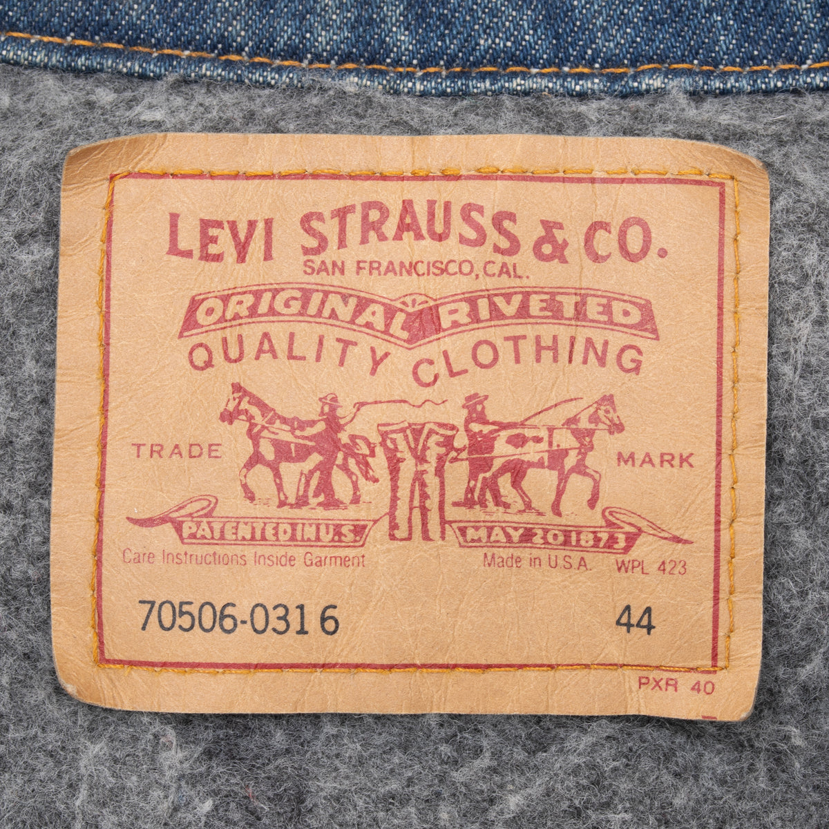 Levi Strauss & Co. jacket label showing model 70506-0316 and size 44