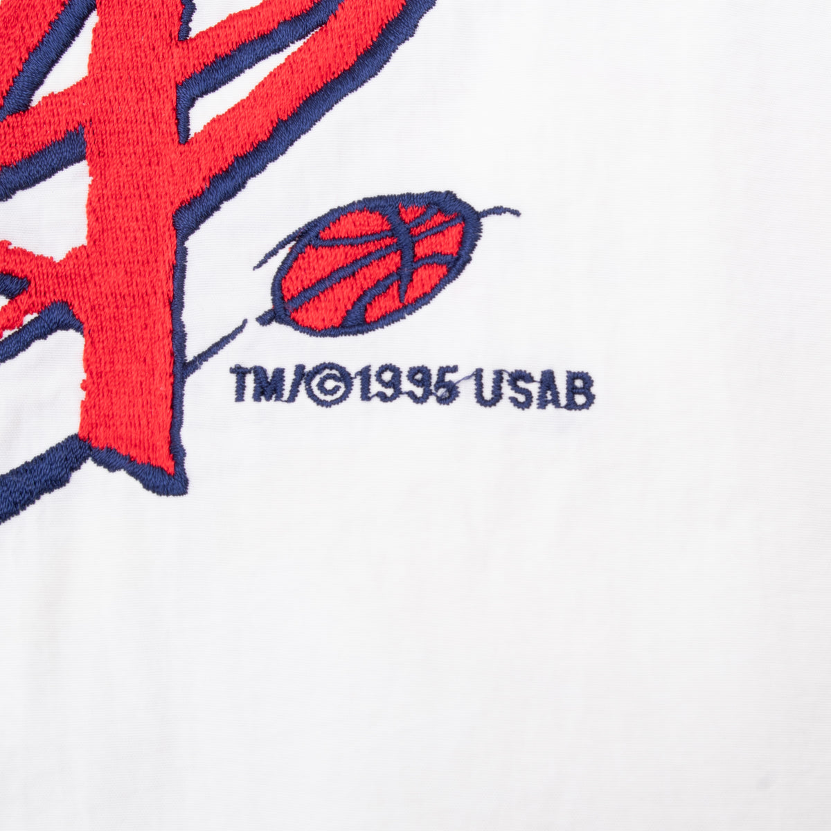 Close-up of basketball graphic and TM © 1995 USAB embroidery