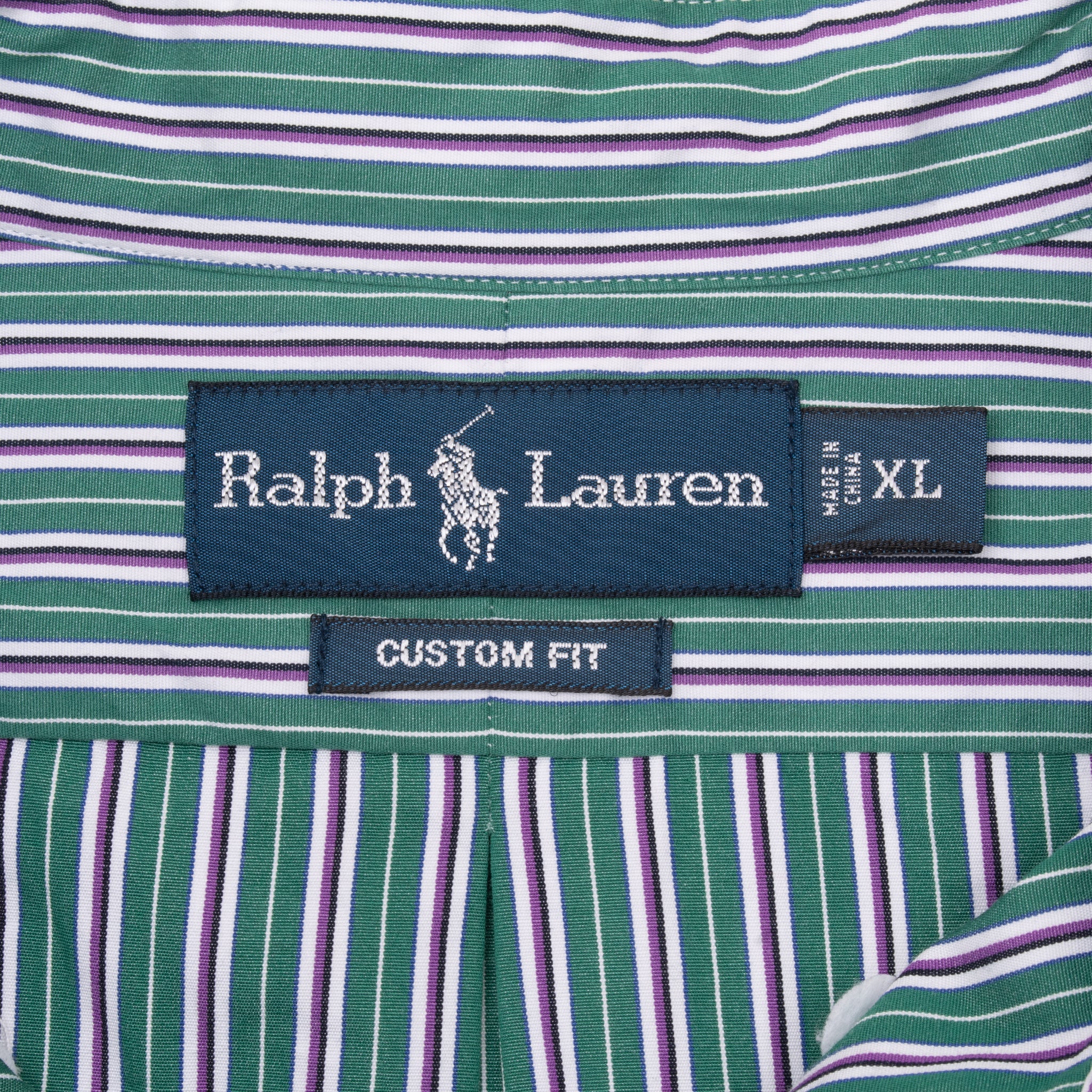 Ralph Lauren Custom Fit XL neck label on green and purple striped fabric