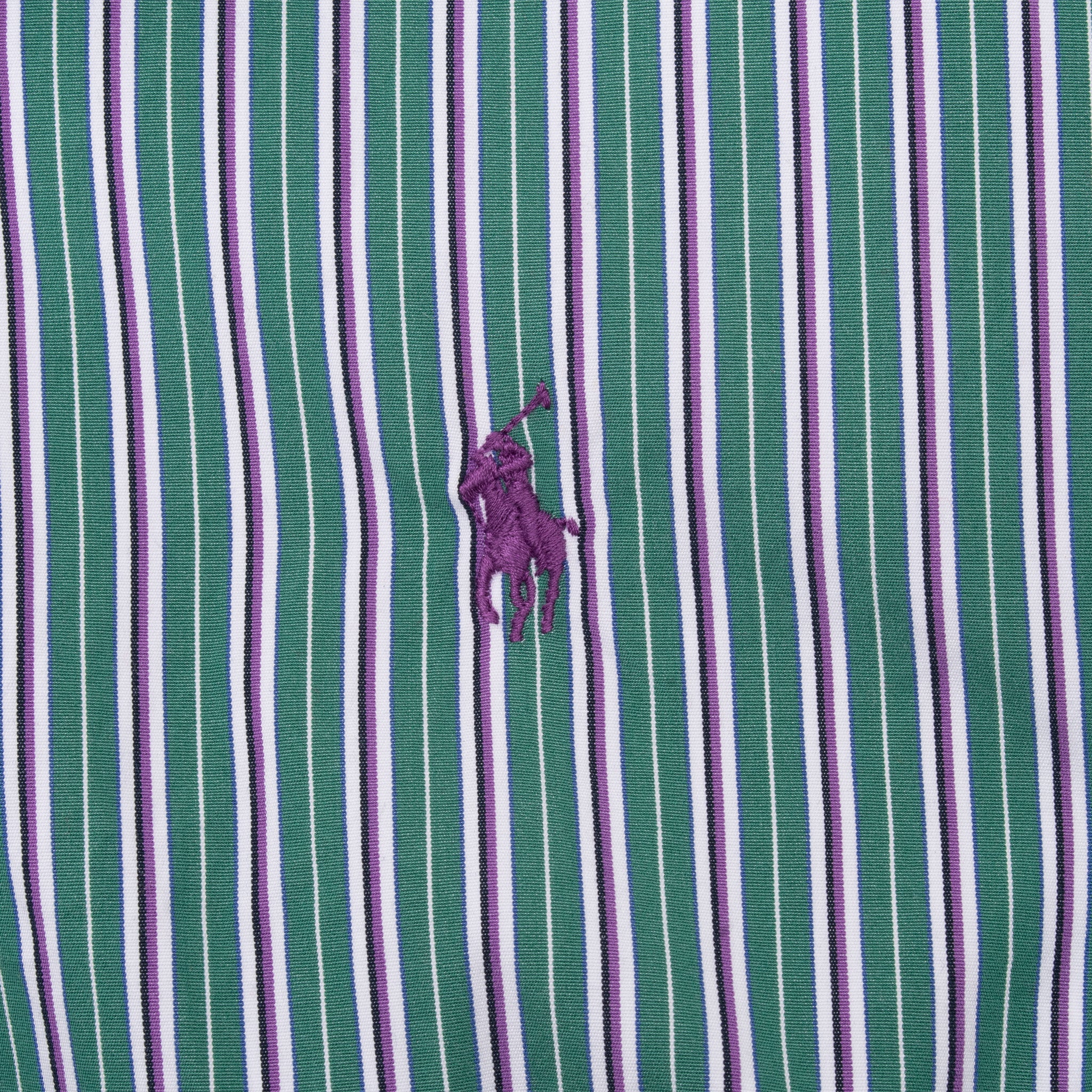 Purple Ralph Lauren Polo pony embroidery on green striped shirt