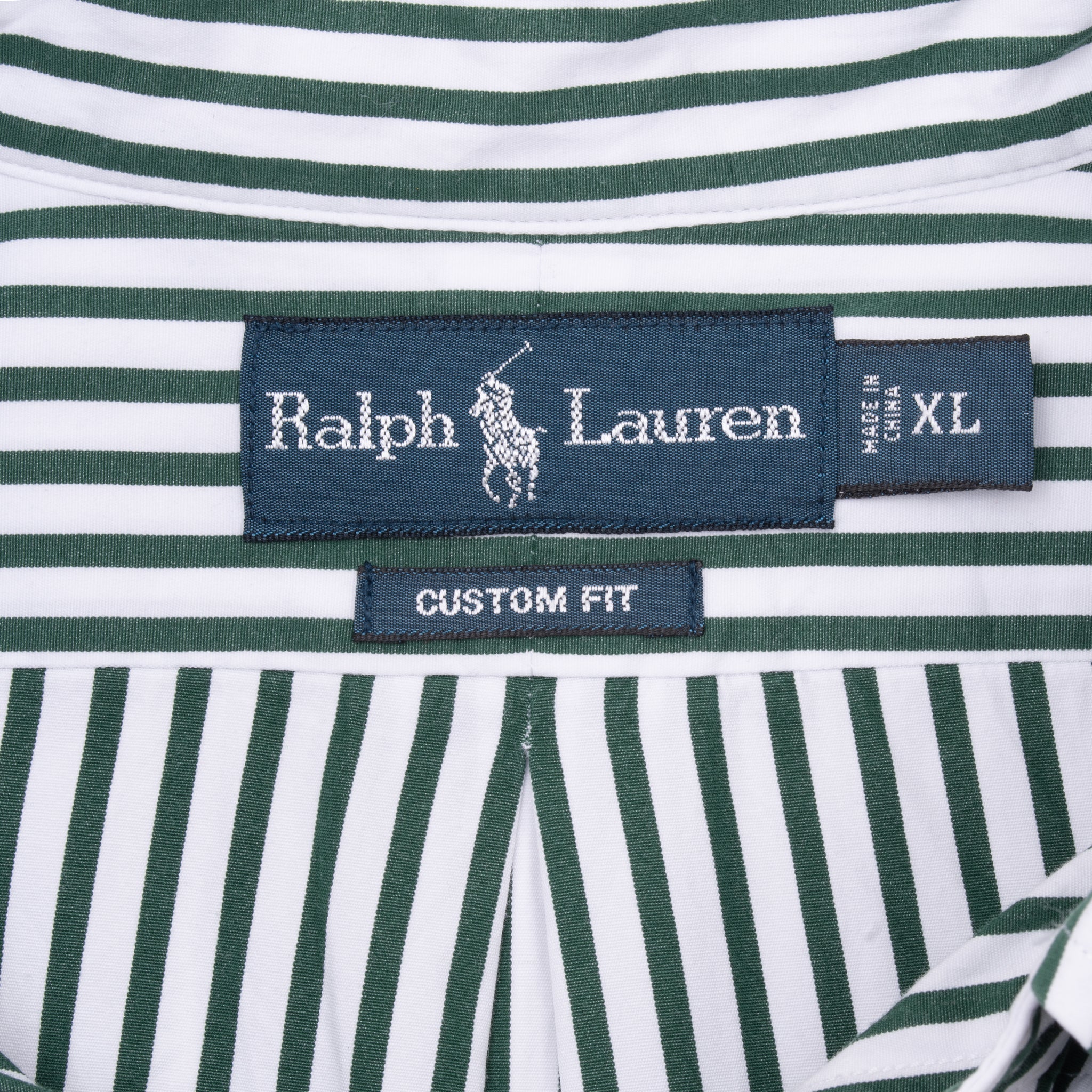 Ralph Lauren Custom Fit XL neck label on green and white striped shirt