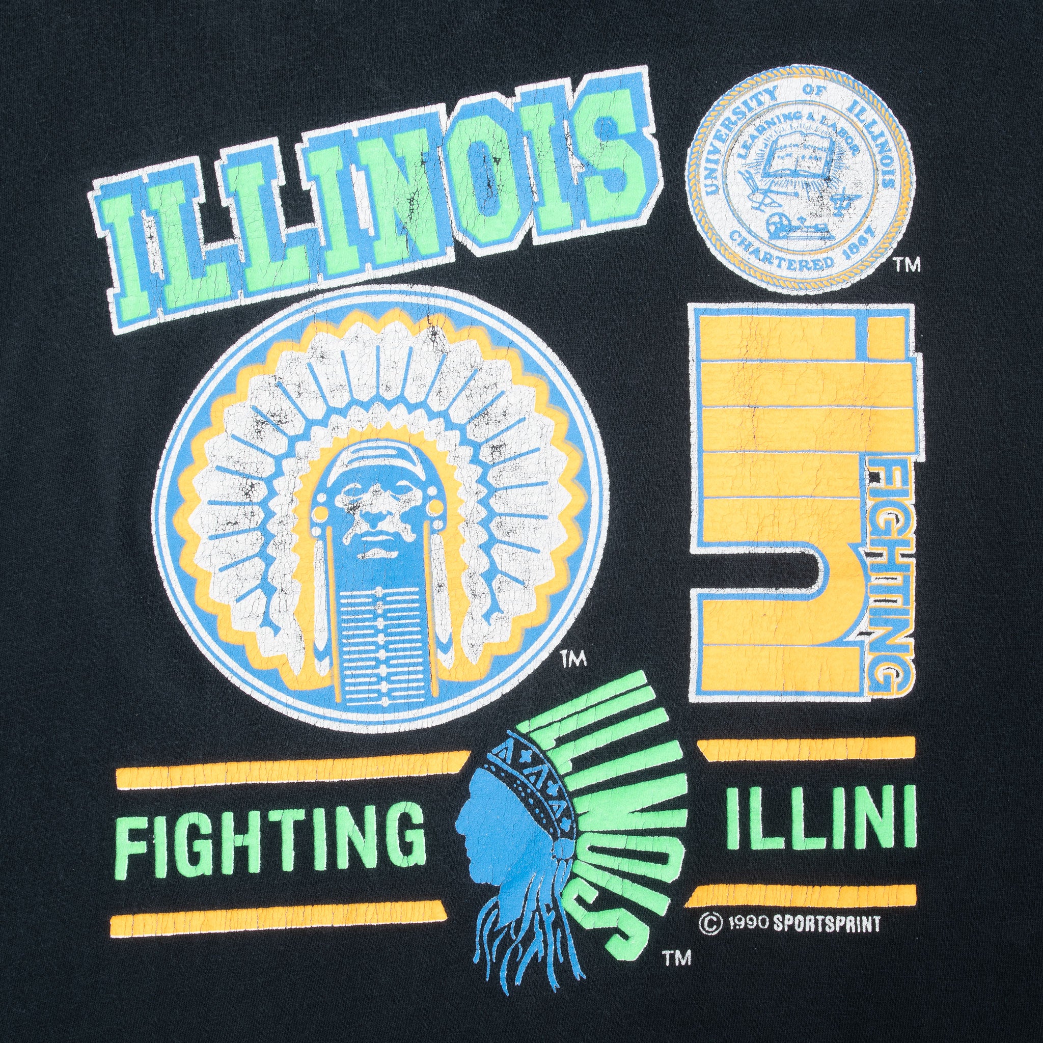 Vintage Illinois University Fighting Illini 1990 Tee Shirt Large Made In Usa With Single Stitch Sleeves