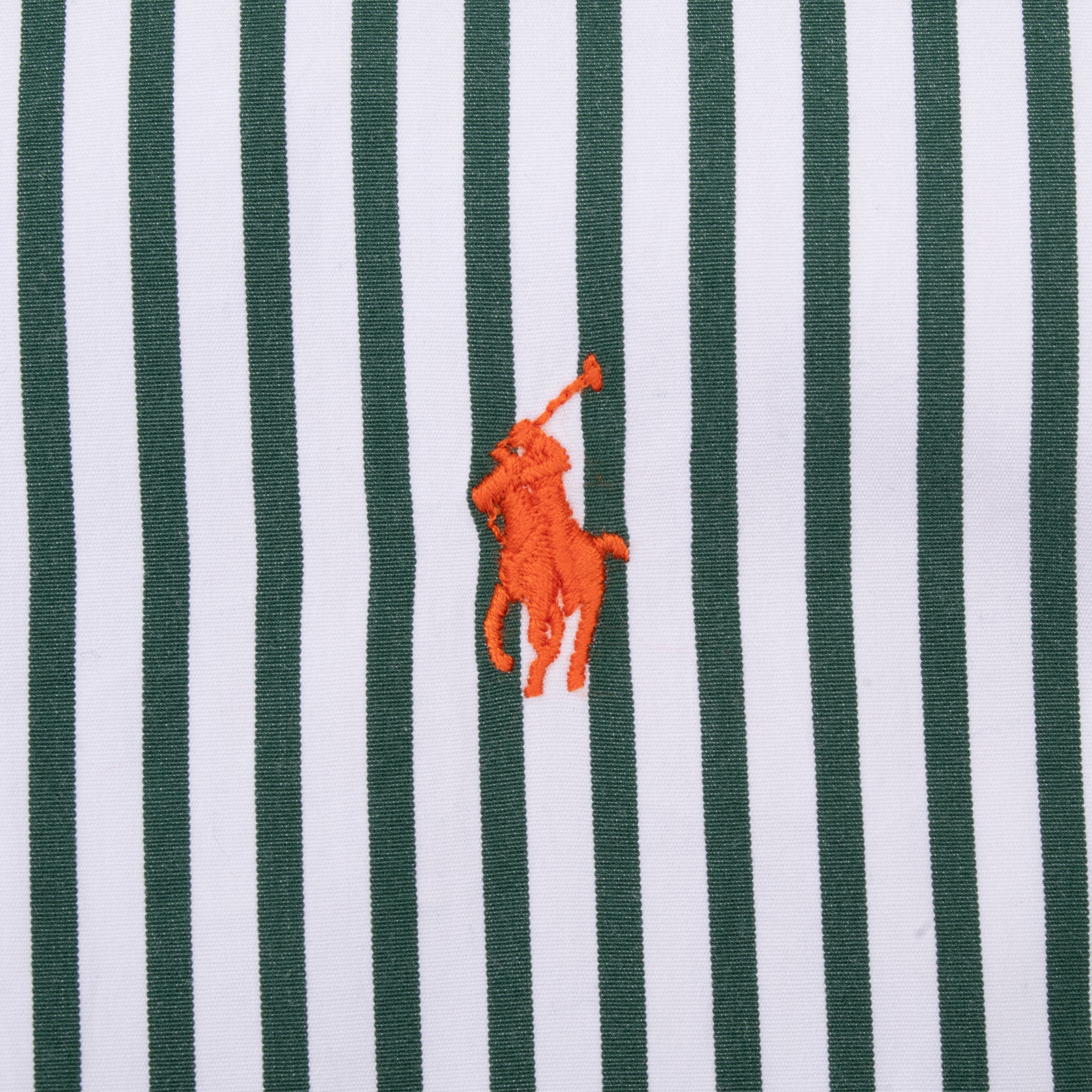 Orange Ralph Lauren pony embroidery on green and white striped fabric