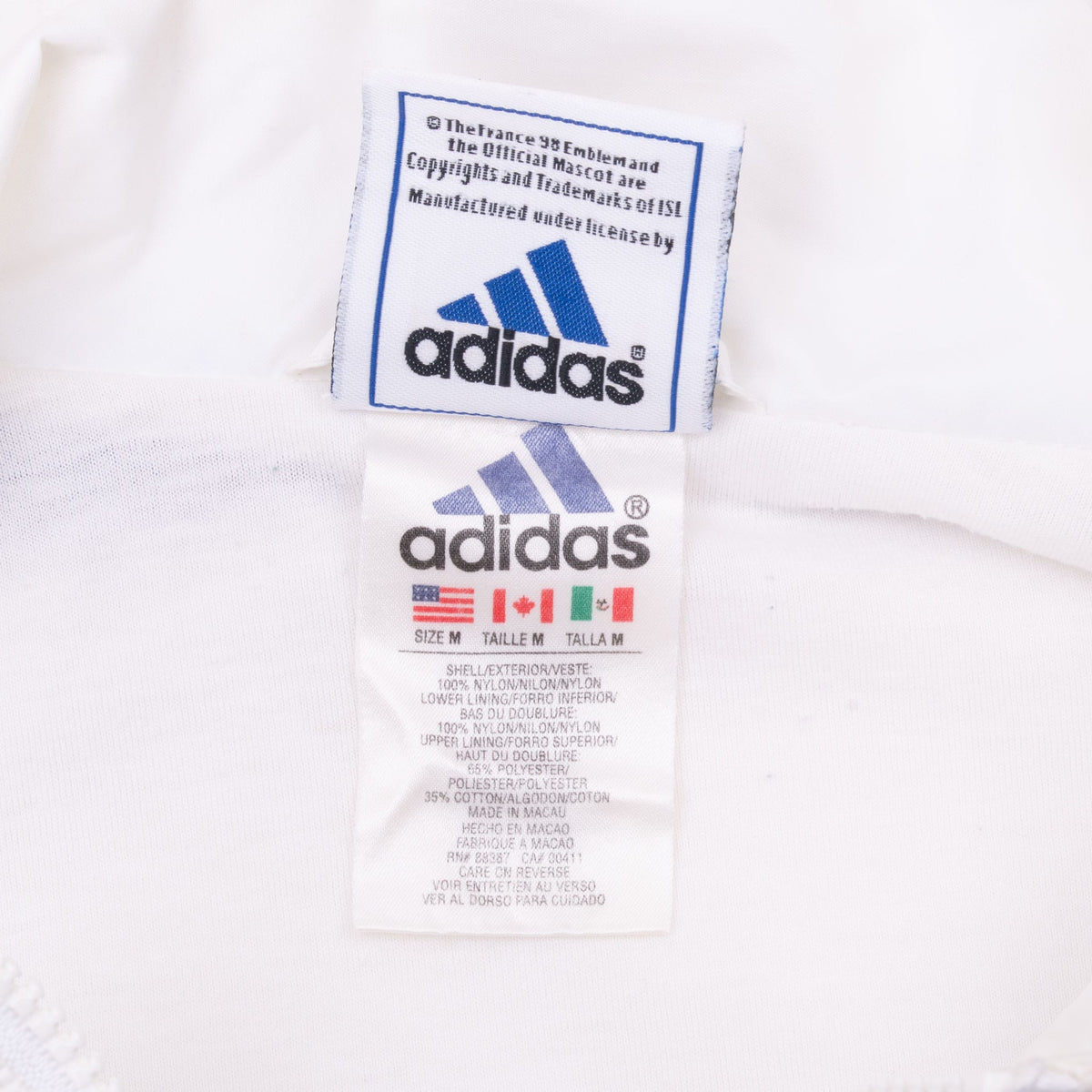 Interior adidas and France 98 licensing labels with size M marking