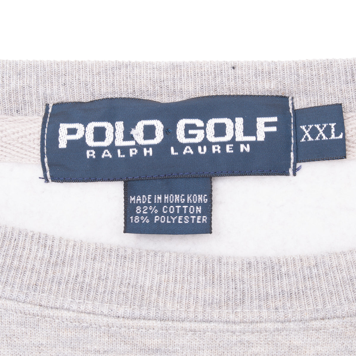 Polo Golf Ralph Lauren neck label and XXL size tag inside gray sweatshirt