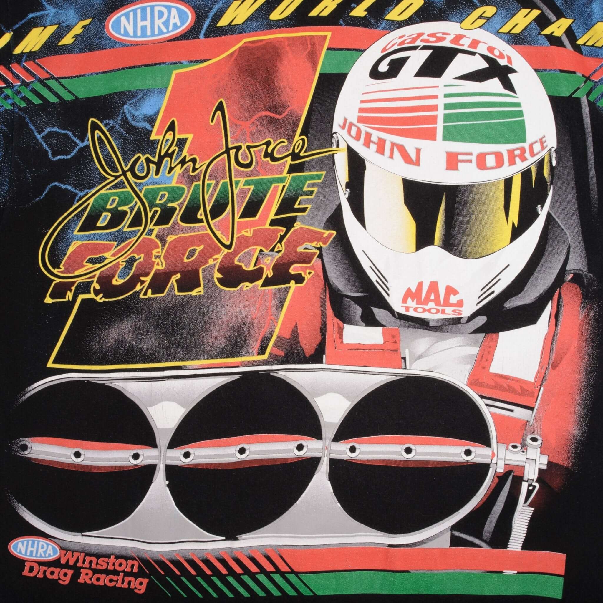 Vintage Allover Print Racing NHRA John Force 1990S Tee Shirt Large Made In USA With Single Stitch Sleeves