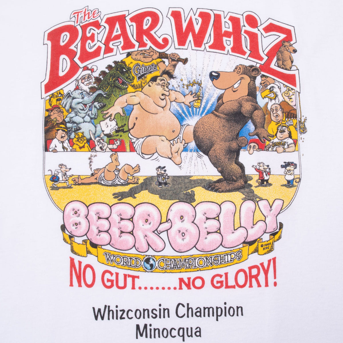 The Bear Whiz cartoon graphic with Beer Belly World Championships and No Gut No Glory text