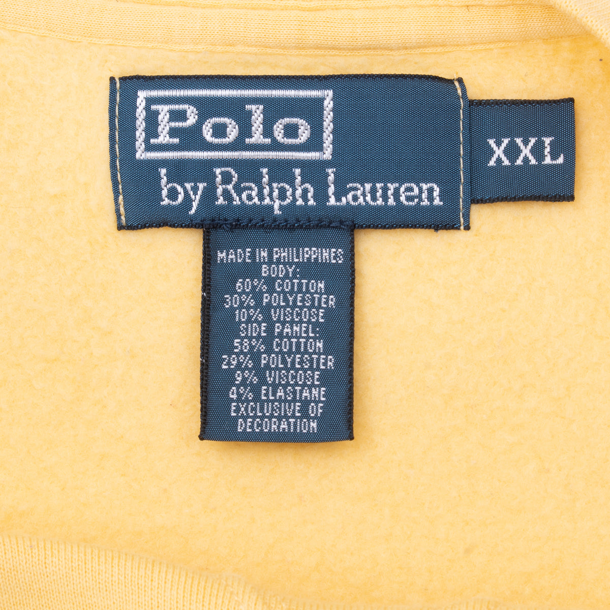 Polo by Ralph Lauren neck and XXL size labels inside yellow sweatshirt