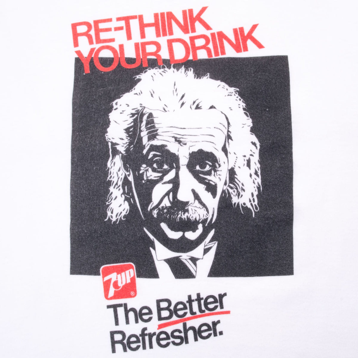 Close-up of Albert Einstein graphic with 7UP logo and The Better Refresher slogan