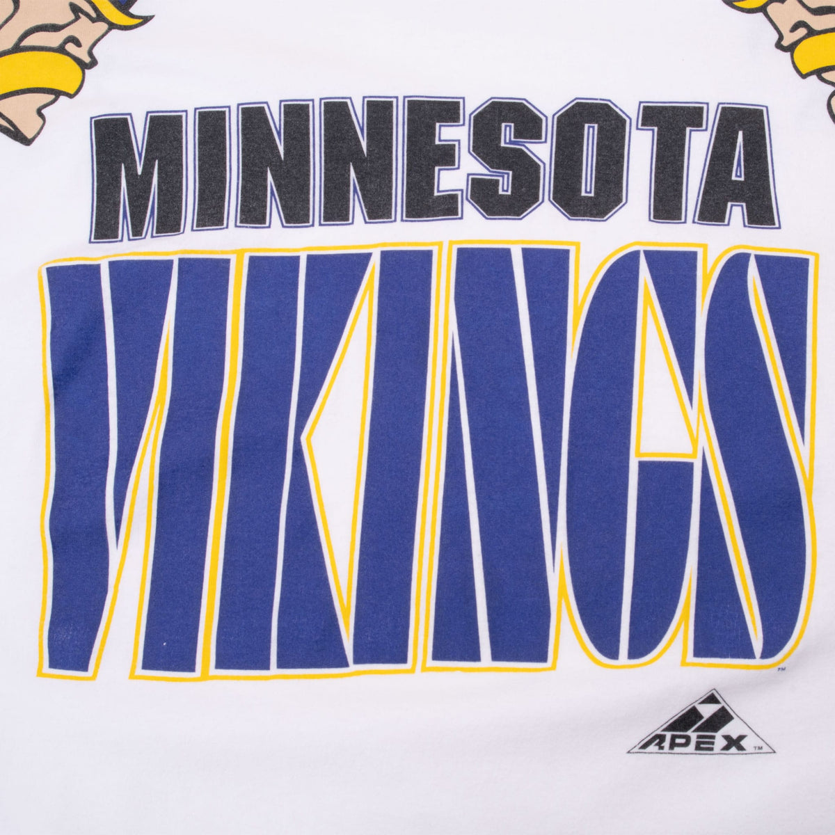 Close-up of purple and yellow Minnesota Vikings front print with Apex logo
