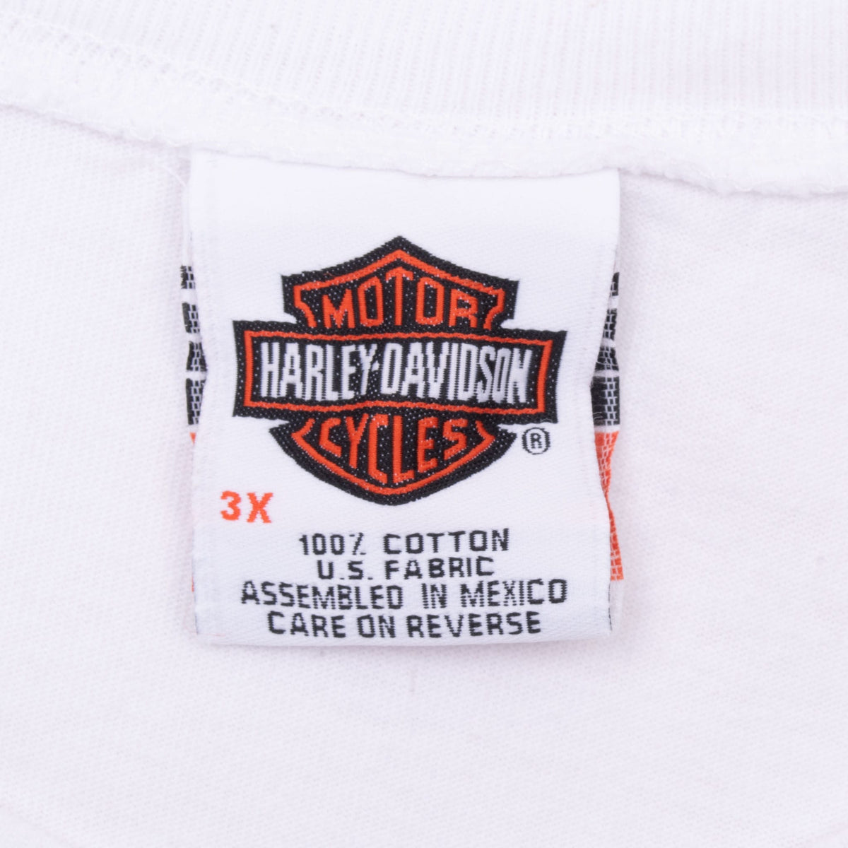 Harley-Davidson neck tag marked 3X, 100% cotton and assembled in Mexico