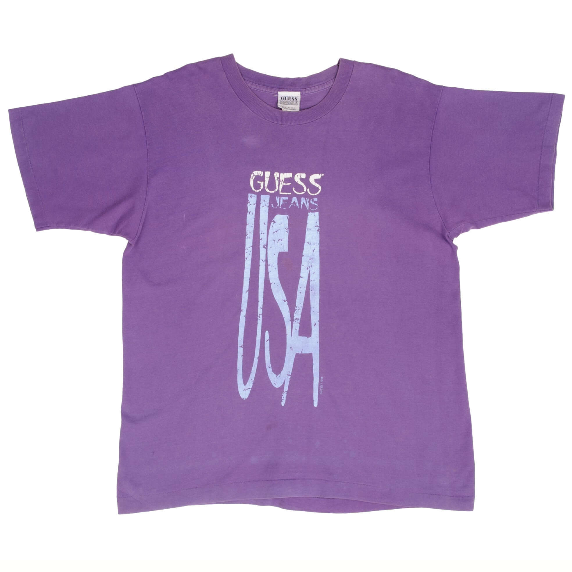 Full front of purple Guess Jeans T-shirt with light blue USA graphic