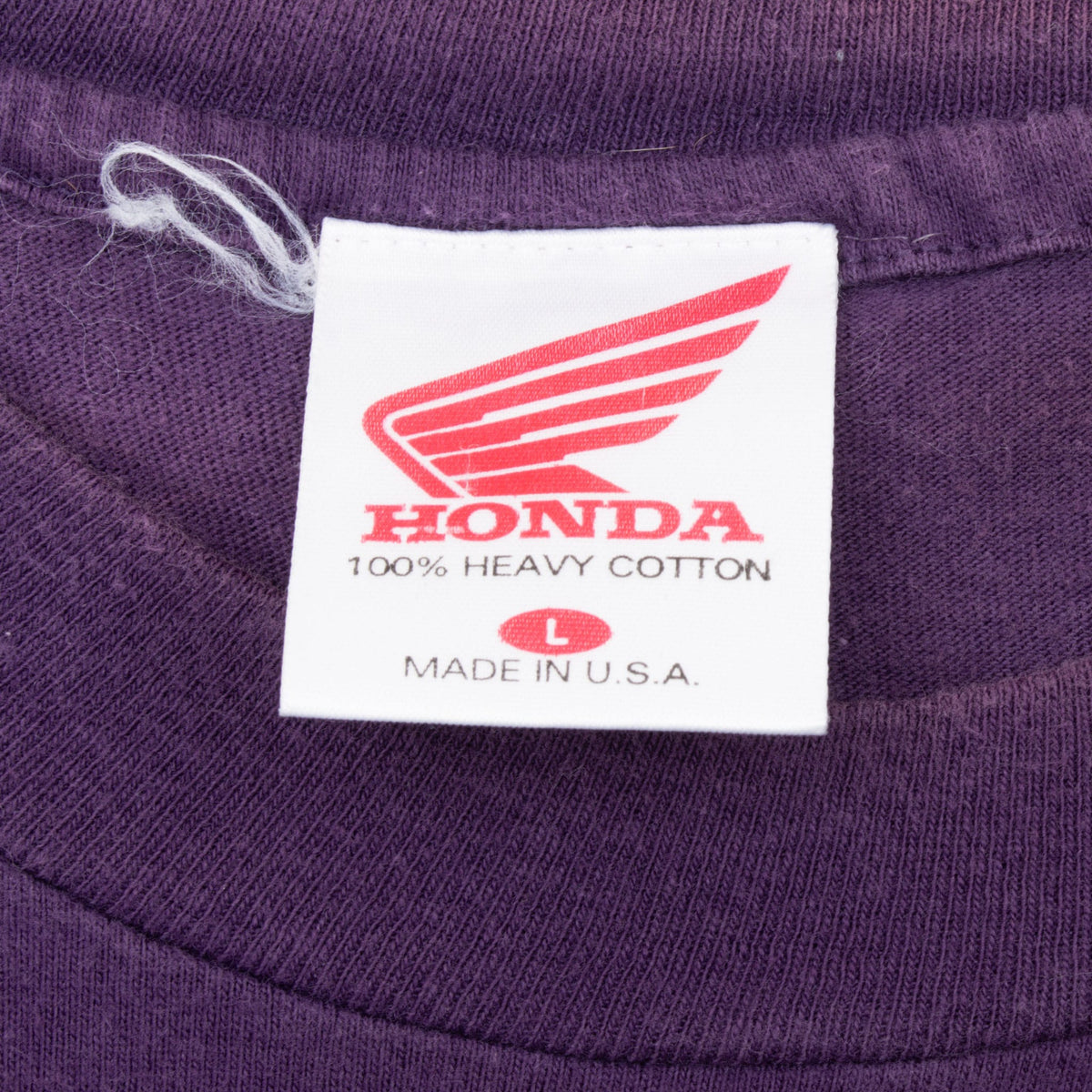 Honda neck tag showing wing logo, size large, 100% heavy cotton and made in USA
