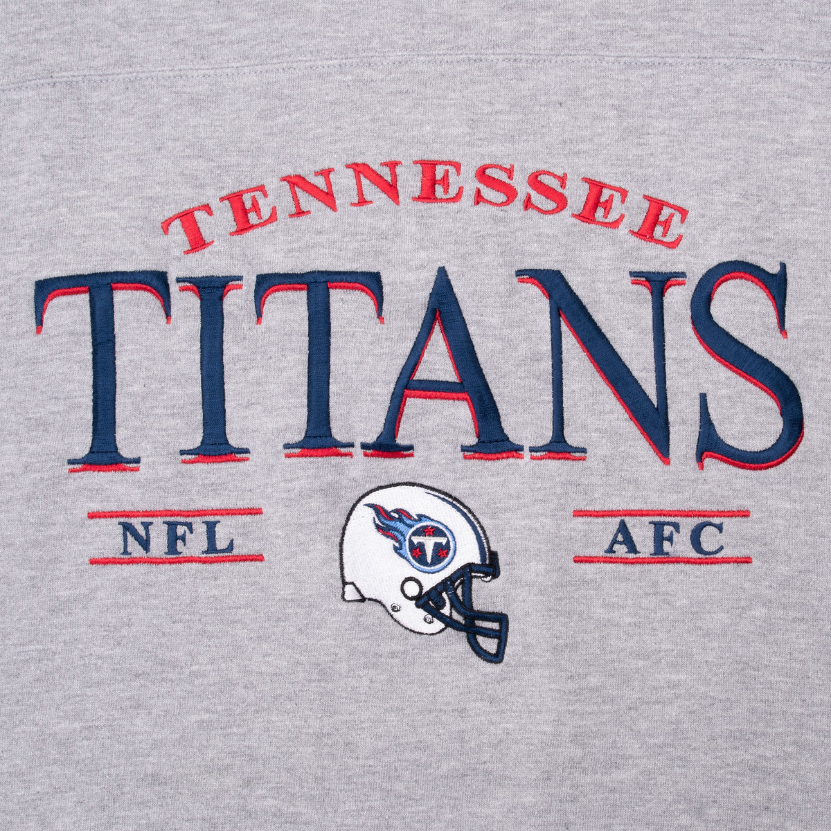 Close-up of Tennessee Titans NFL and AFC helmet embroidery in red, navy, and white