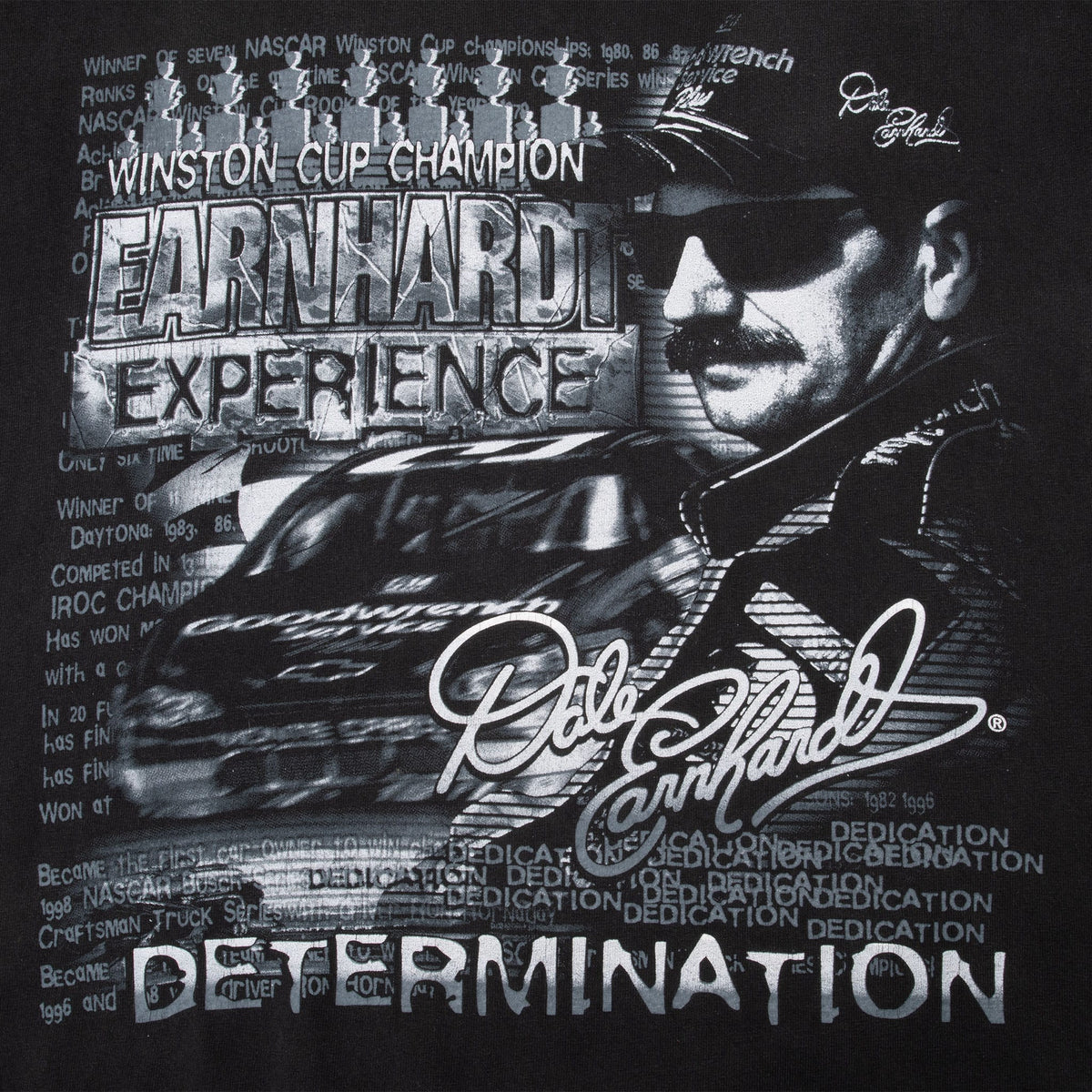 Close-up of Dale Earnhardt Experience front print with portrait, race car, signature and Determination text