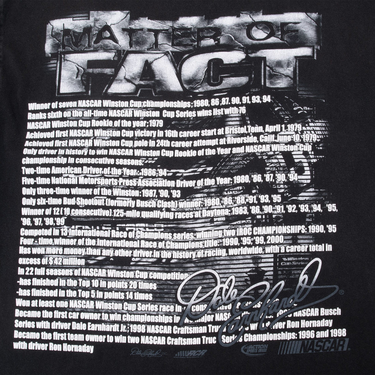 Close-up of Matter of Fact back print with Dale Earnhardt career statistics, signature and racing imagery