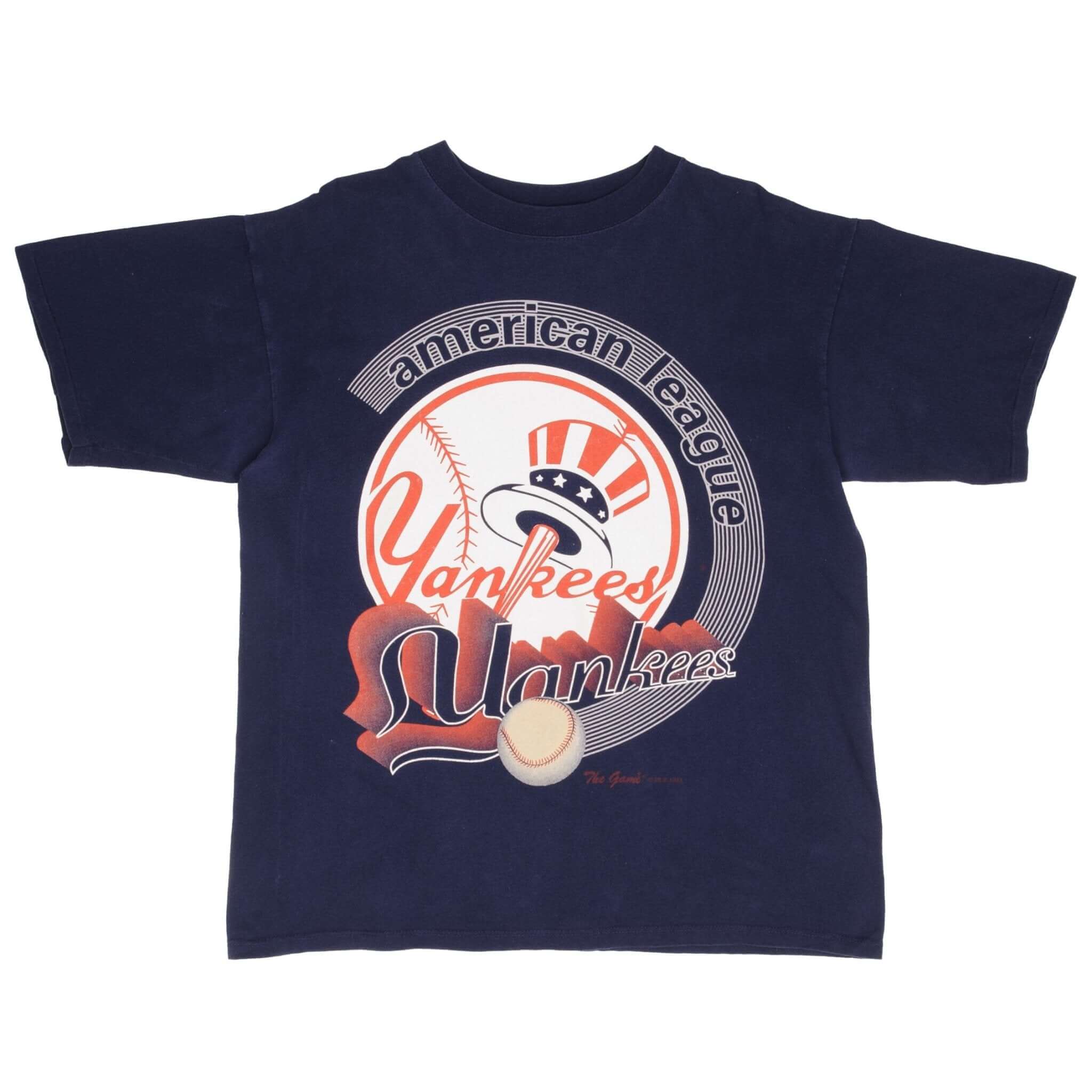 Full front view of navy New York Yankees T-shirt with American League baseball graphic