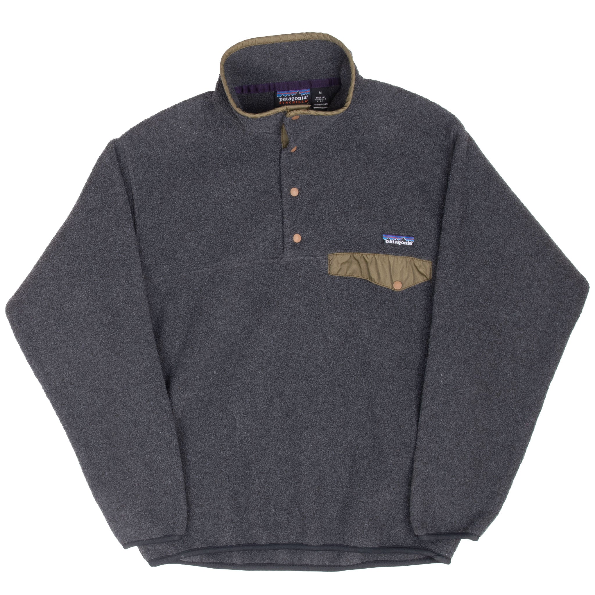 Vintage Patagonia Grey Olive Green Snap T Fleece Pullover Jacket 1990S Size Medium Made In USA
CUT 4421C
STYLE 25450