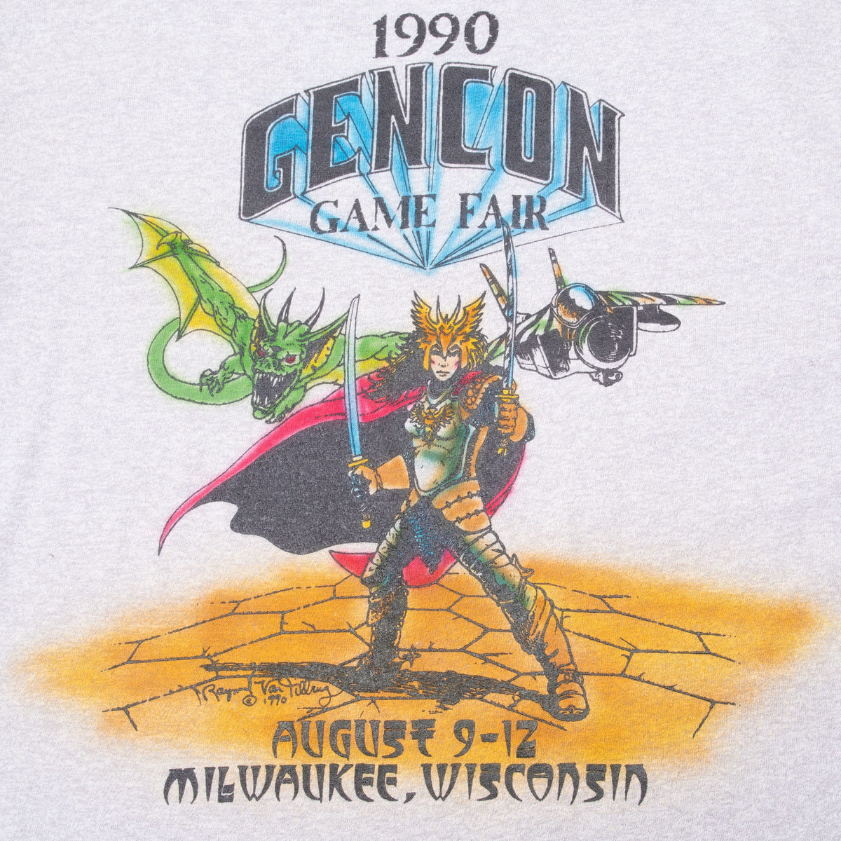 Close-up of Gen Con 1990 back print with warrior, dragon, aircraft and Milwaukee event dates