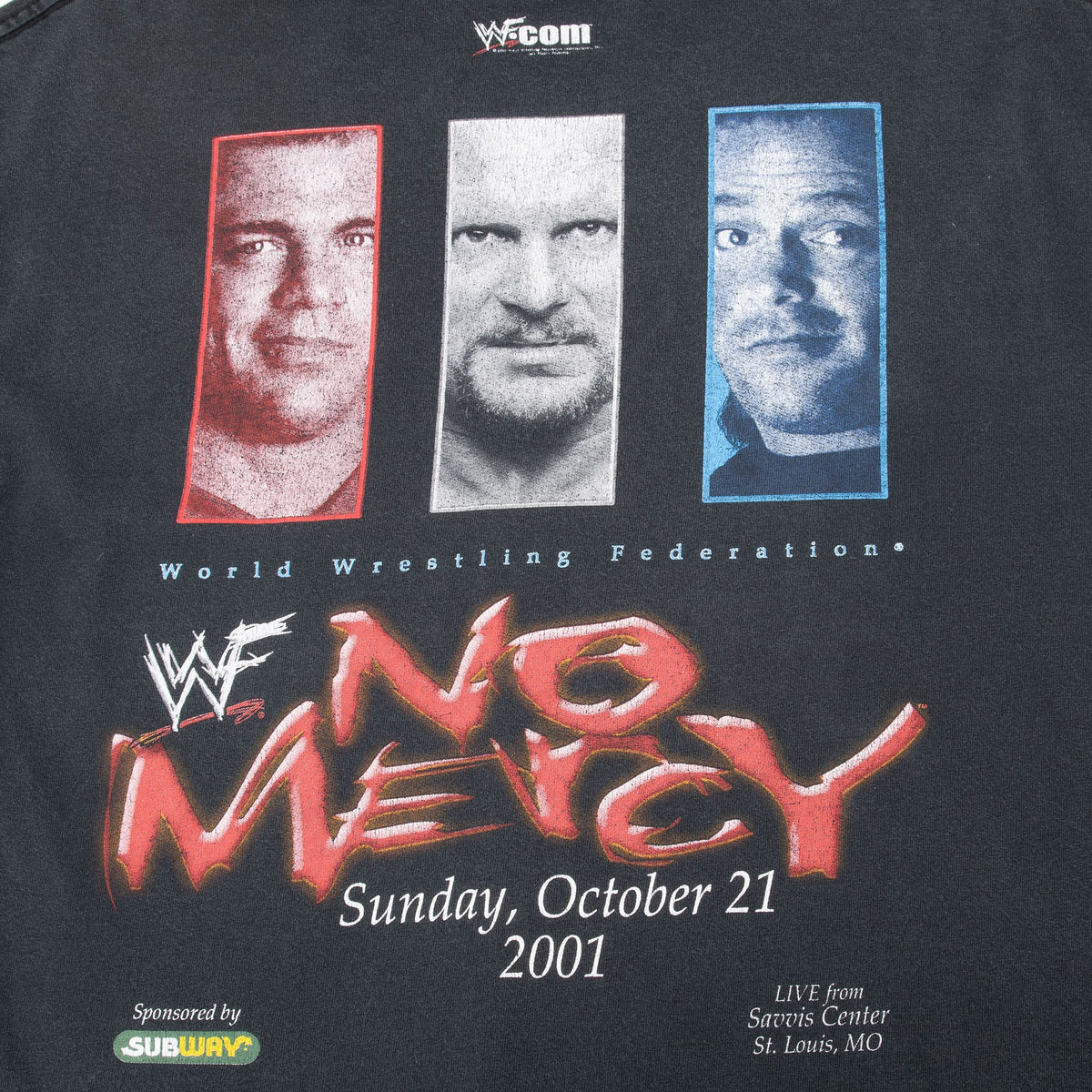 Close-up of back graphic with wrestler portraits, WWF No Mercy logo, Subway sponsor and St. Louis details
